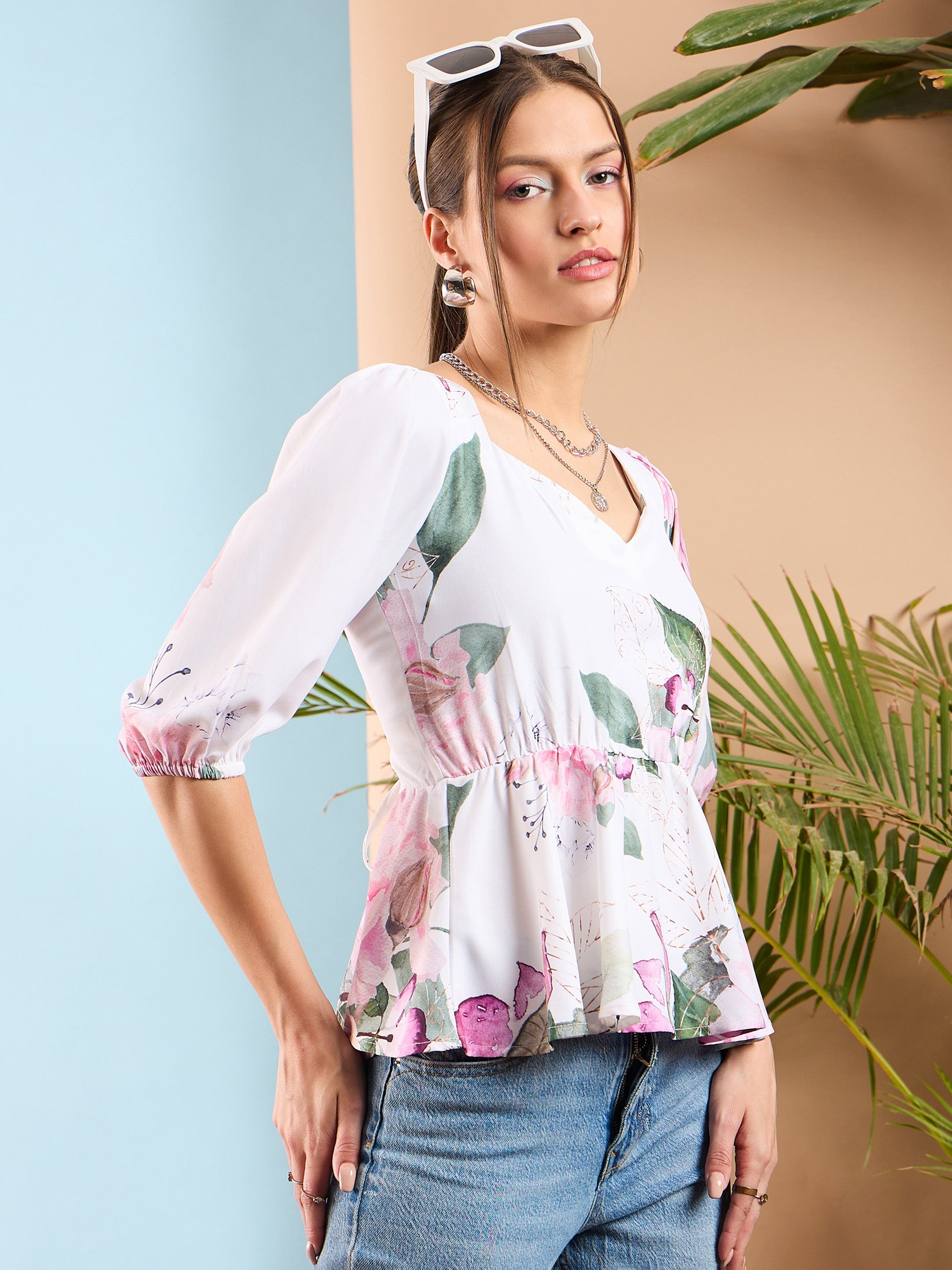 Women White Floral Criss Cross Back Peplum Top