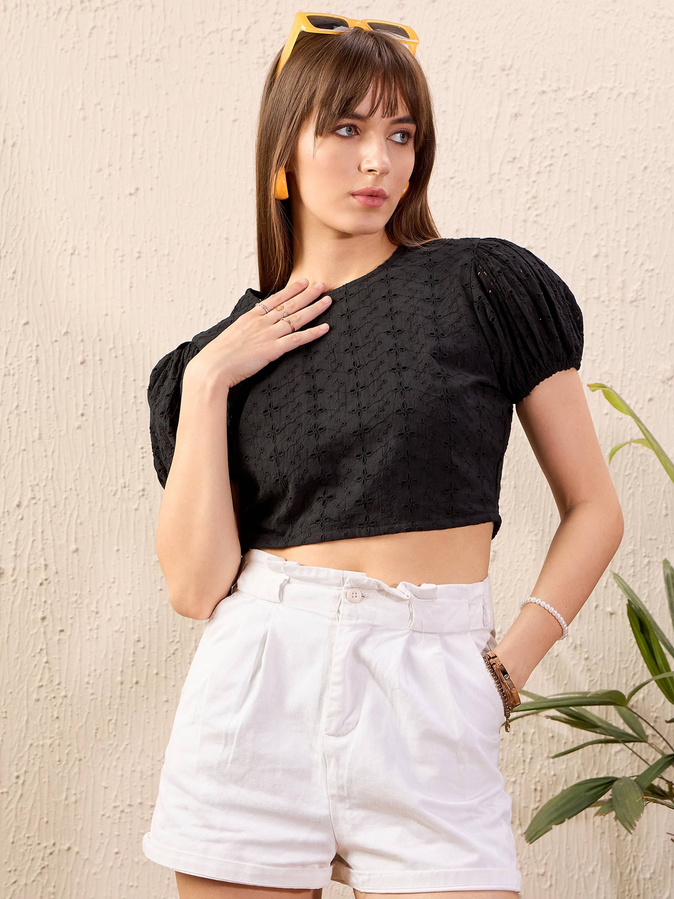 Women Black Schiffli Back-Tie Crop Top