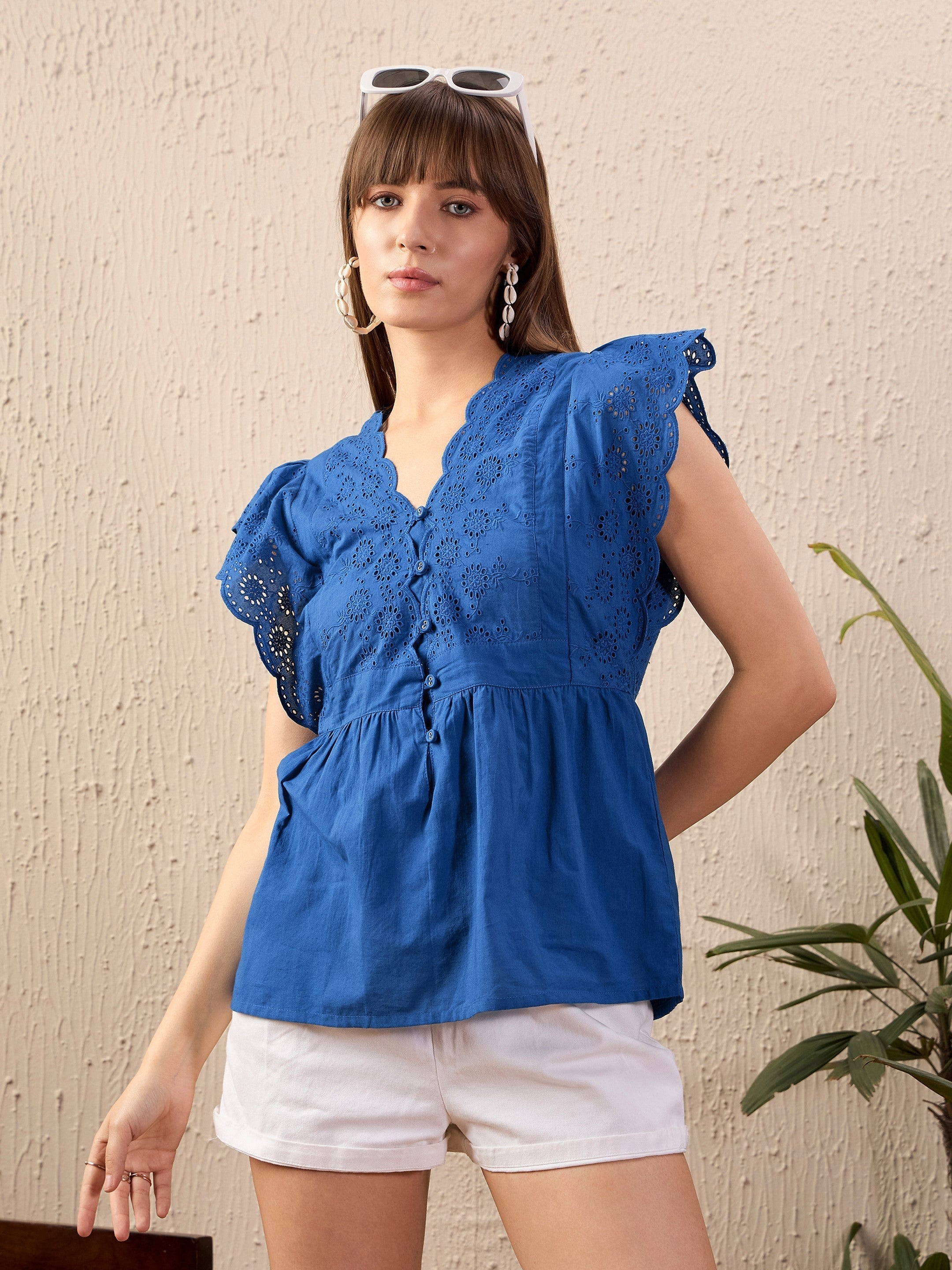 Women Royal Blue Schiffli Front Button Top