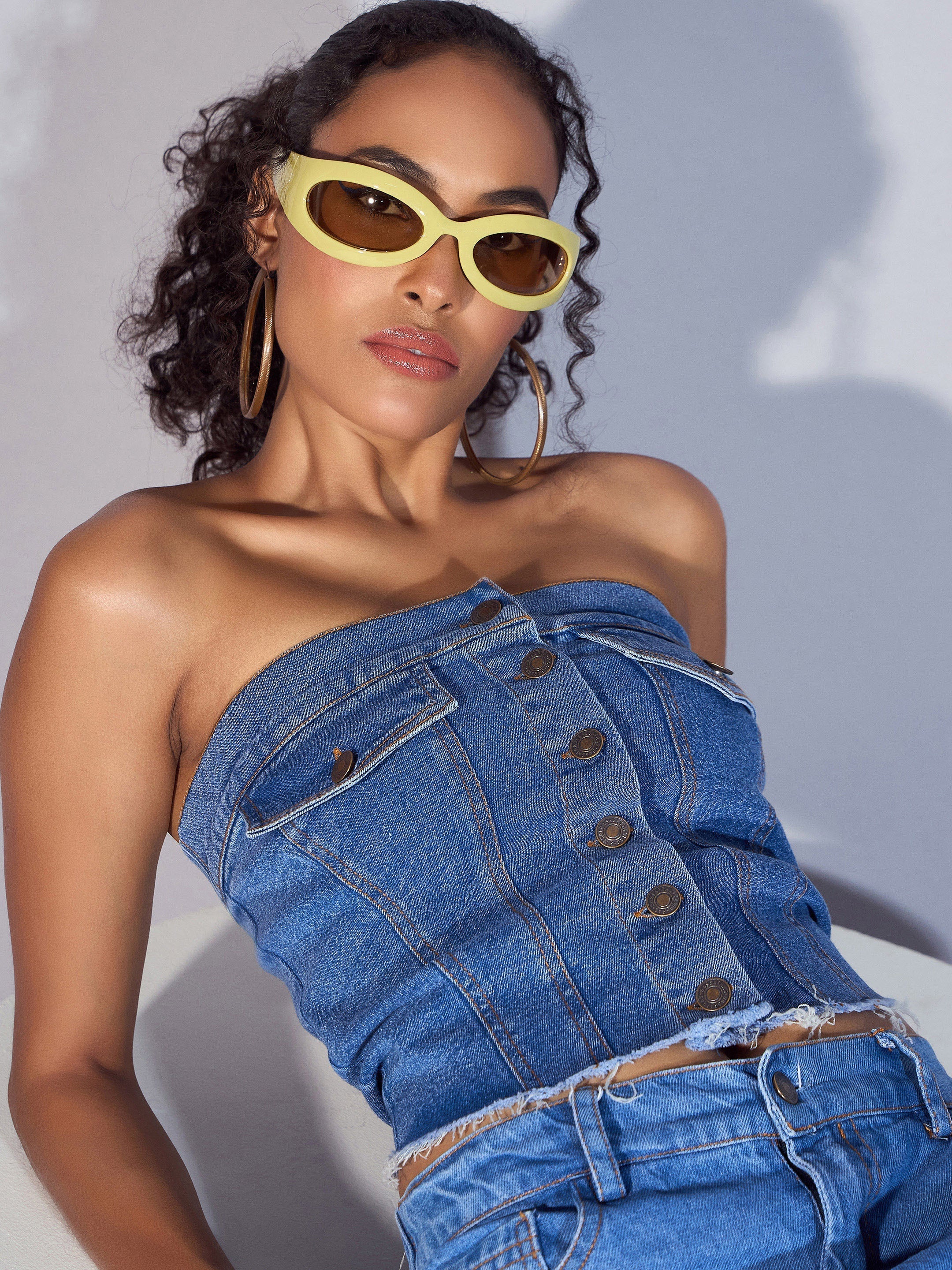 Women Blue Denim Tube Crop Top