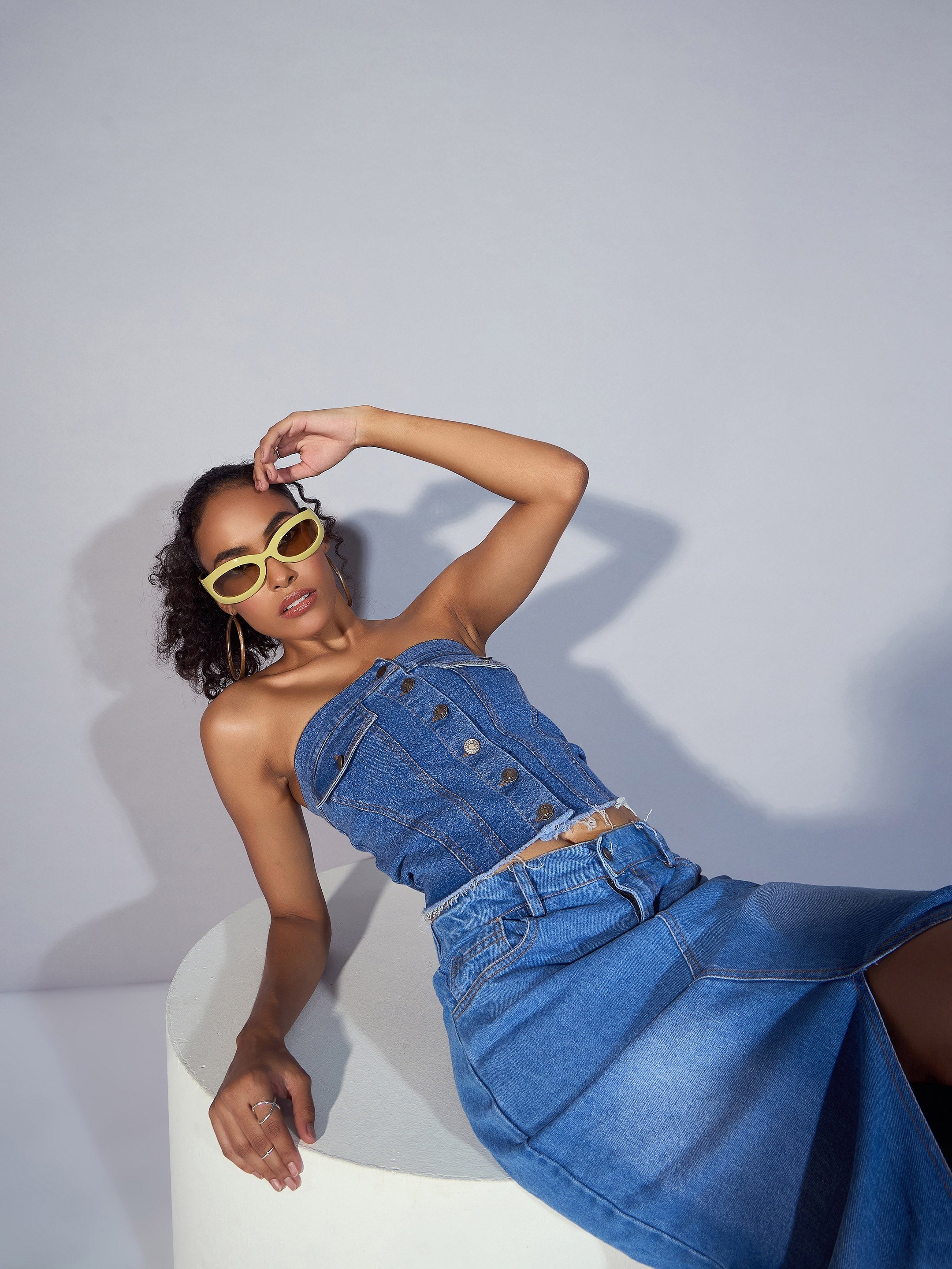 Women Blue Denim Tube Crop Top