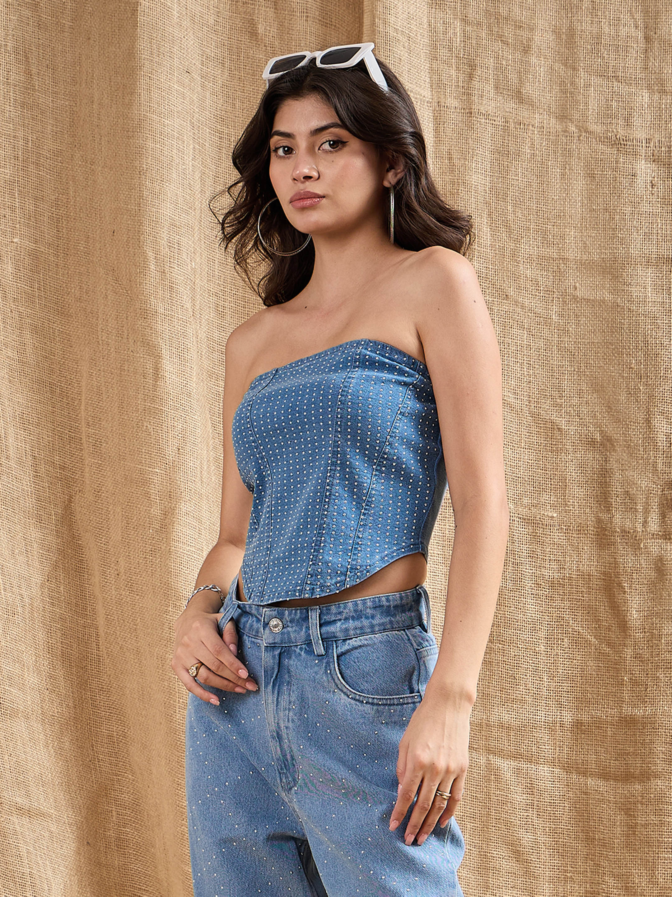 Women Blue Washed Front Stud Work Tube Top