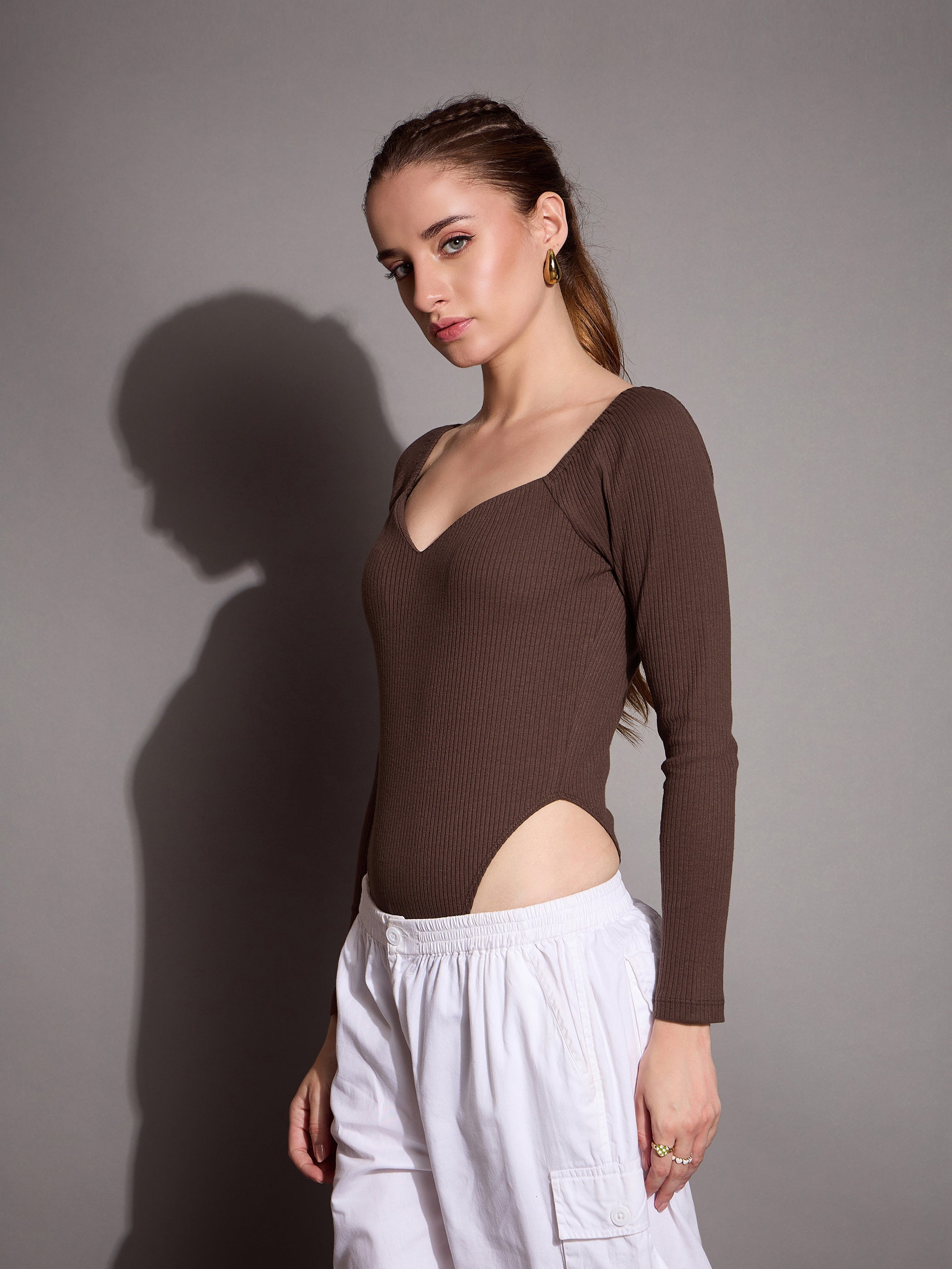 Women Brown Rib Sweetheart Neck Bodysuit