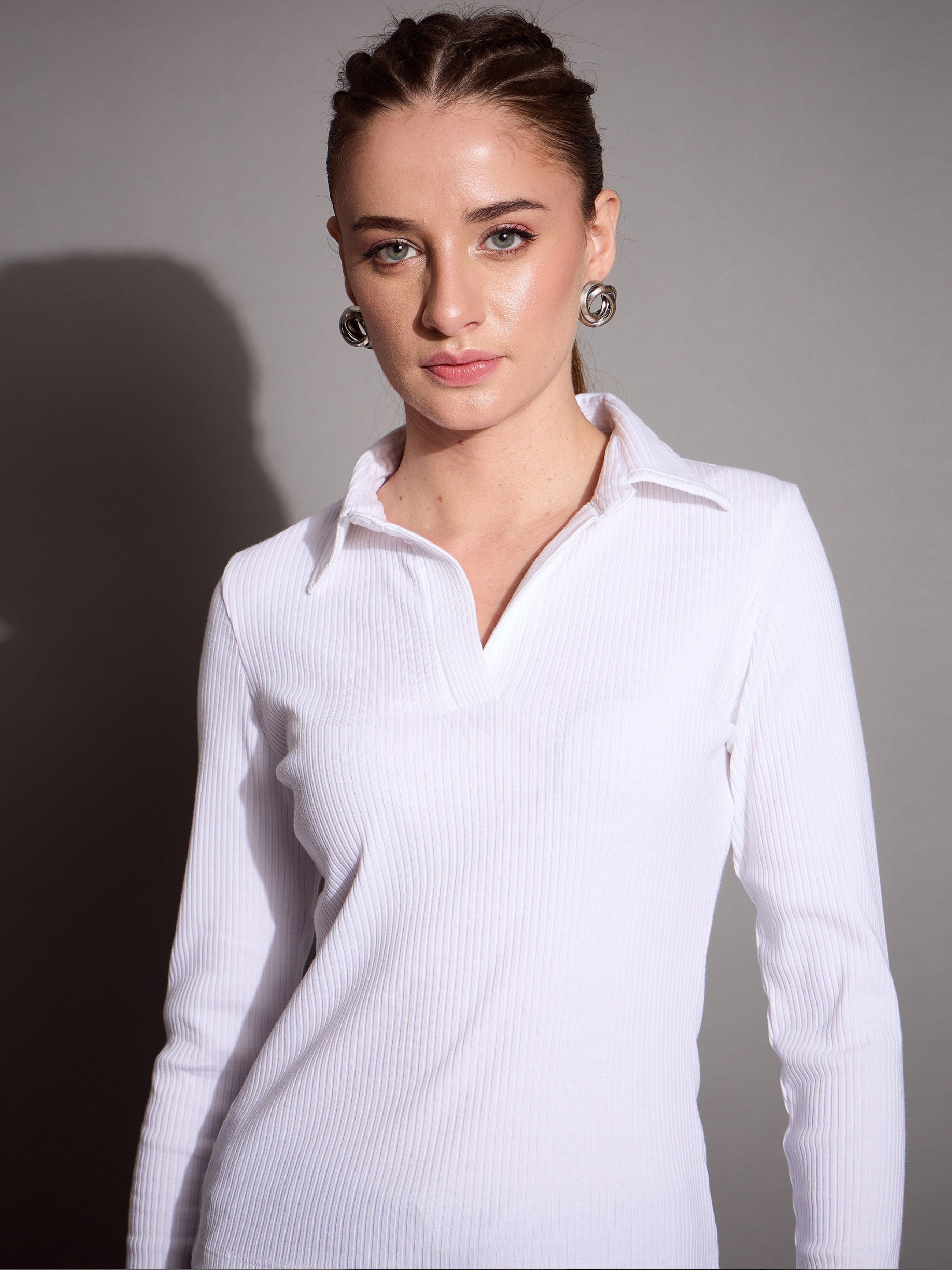 Women White Rib Polo Neck Top