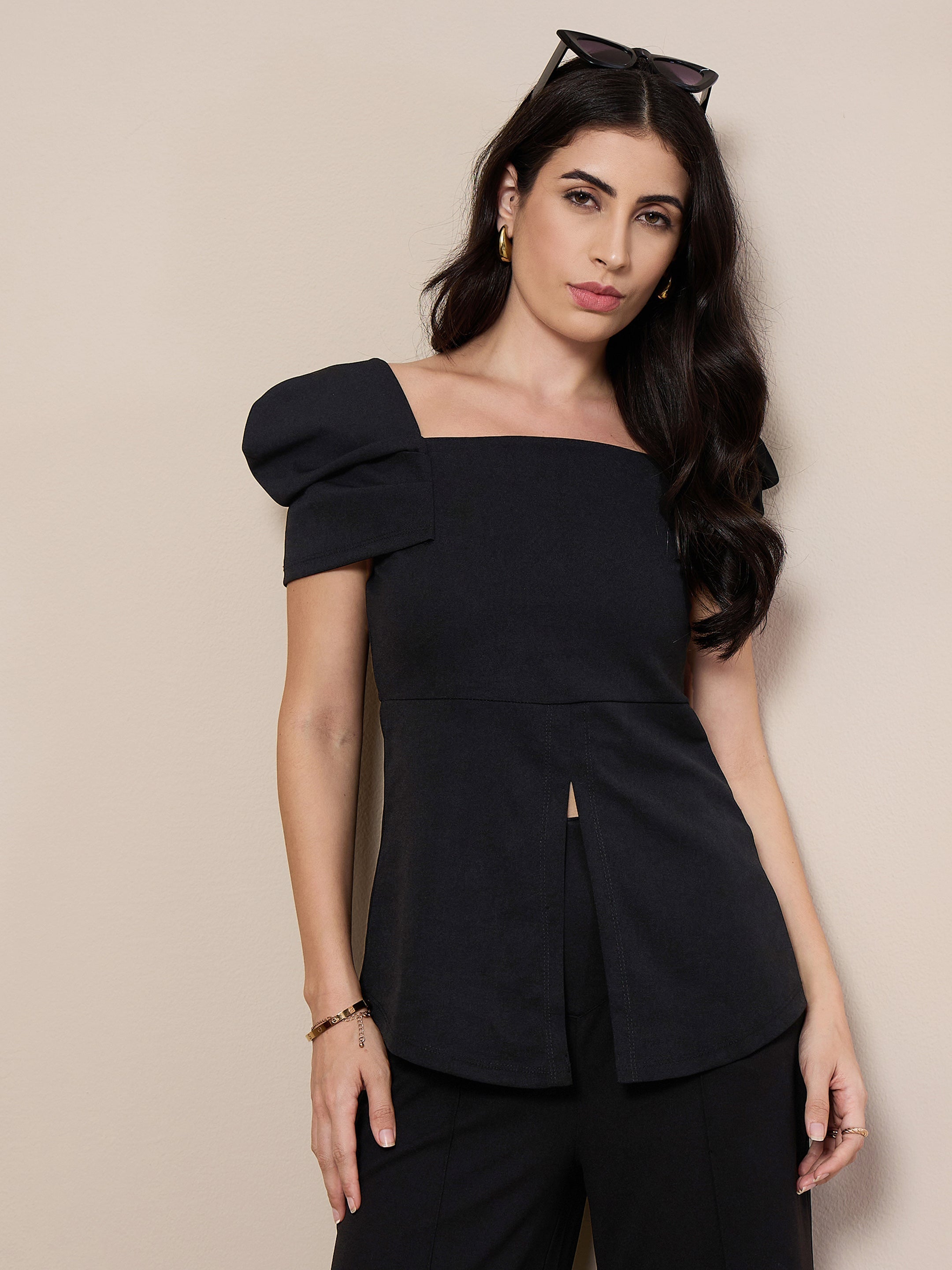 Women Black Square Neck Peplum Top