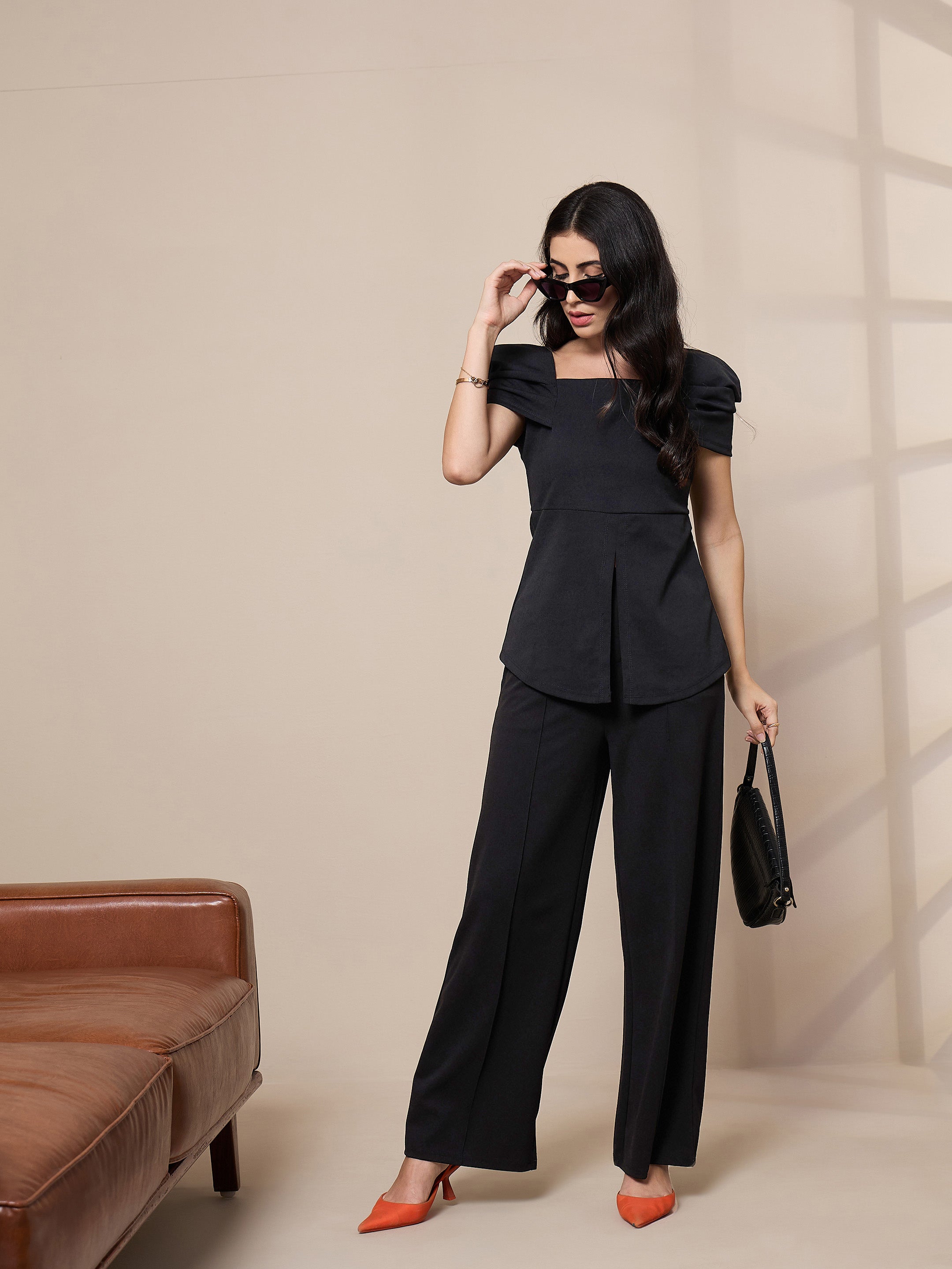 Women Black Square Neck Peplum Top