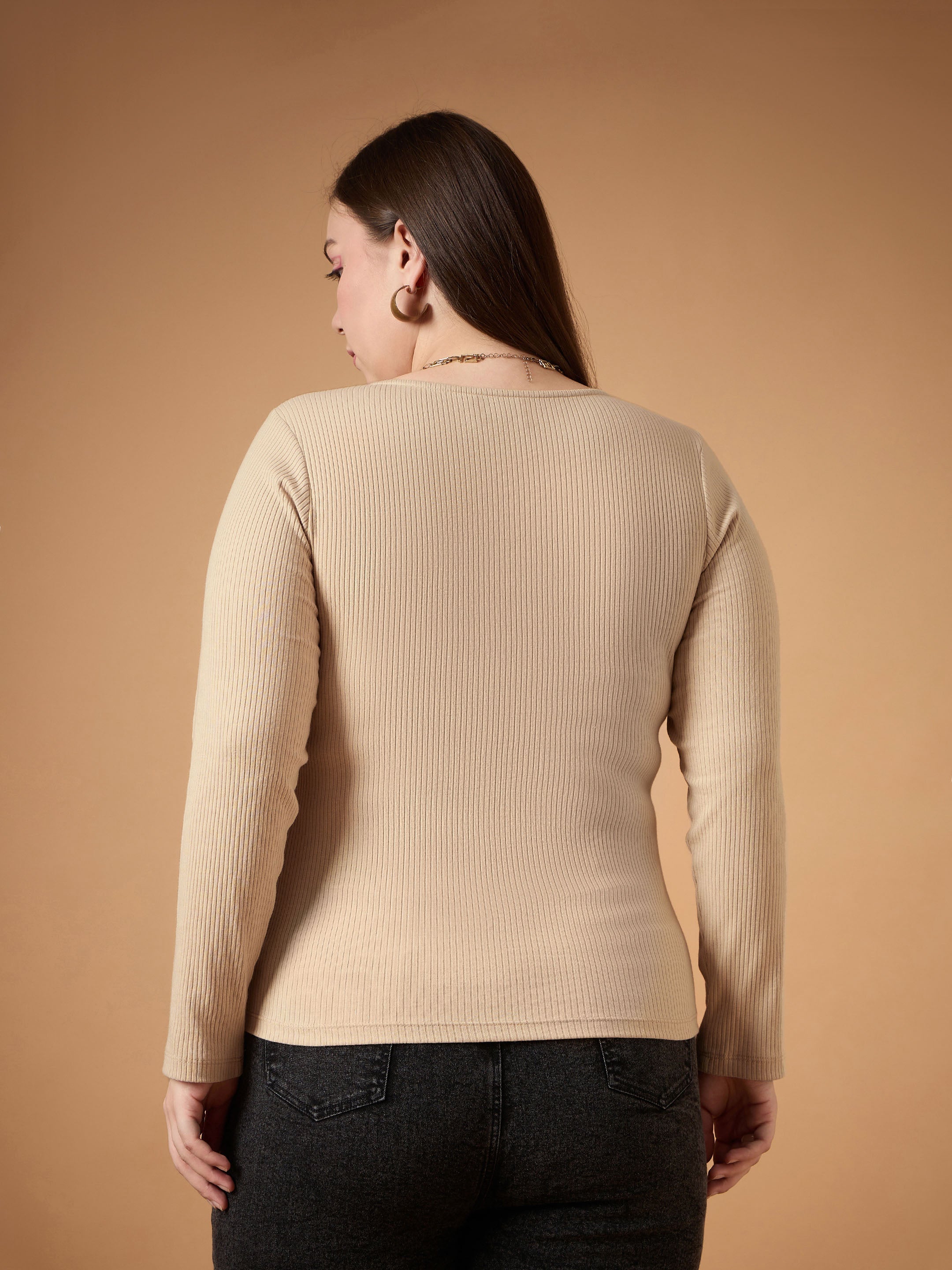 Women Beige Rib Full Sleeves Top