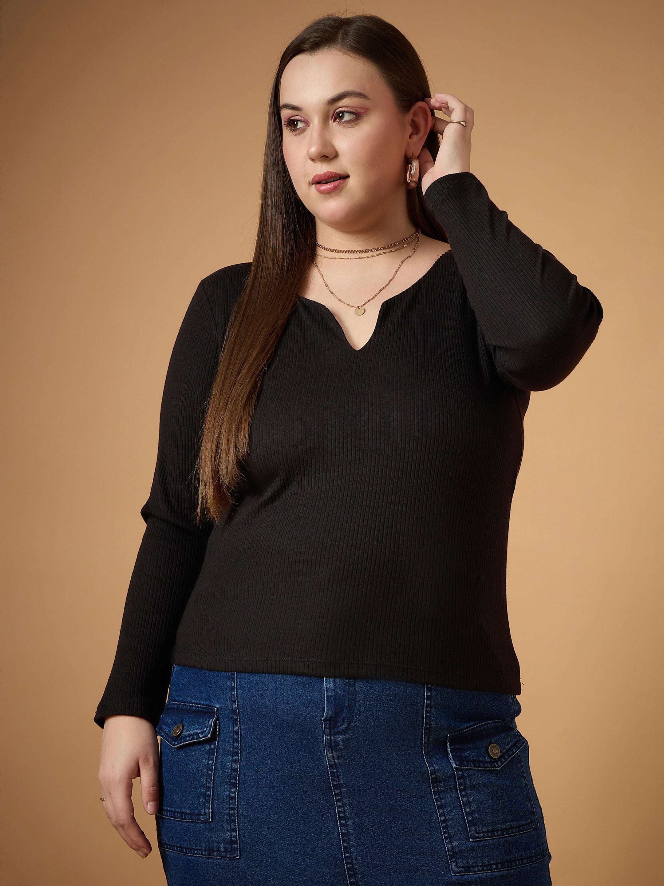 Women Black Rib Full Sleeves Top