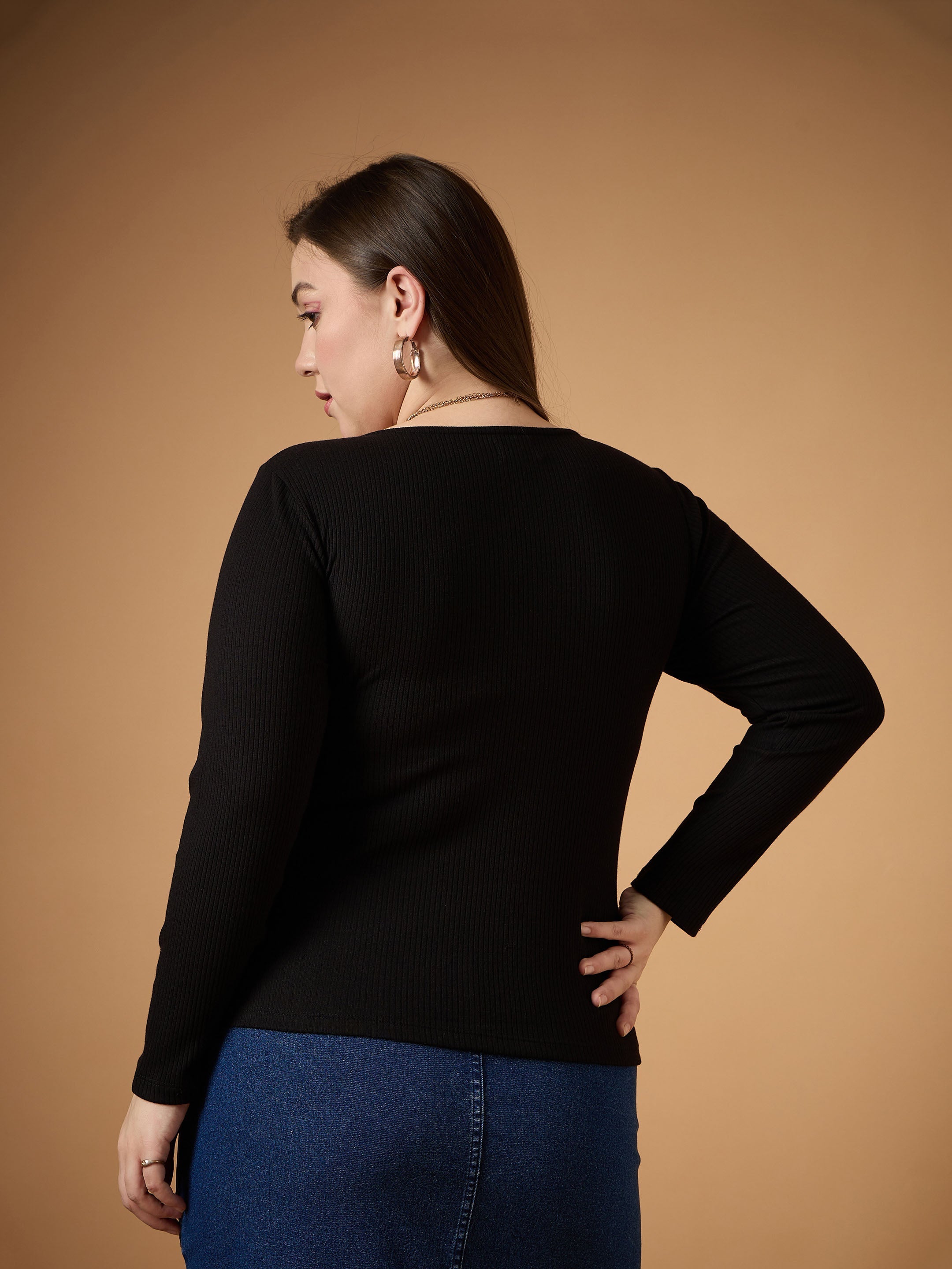 Women Black Rib Full Sleeves Top