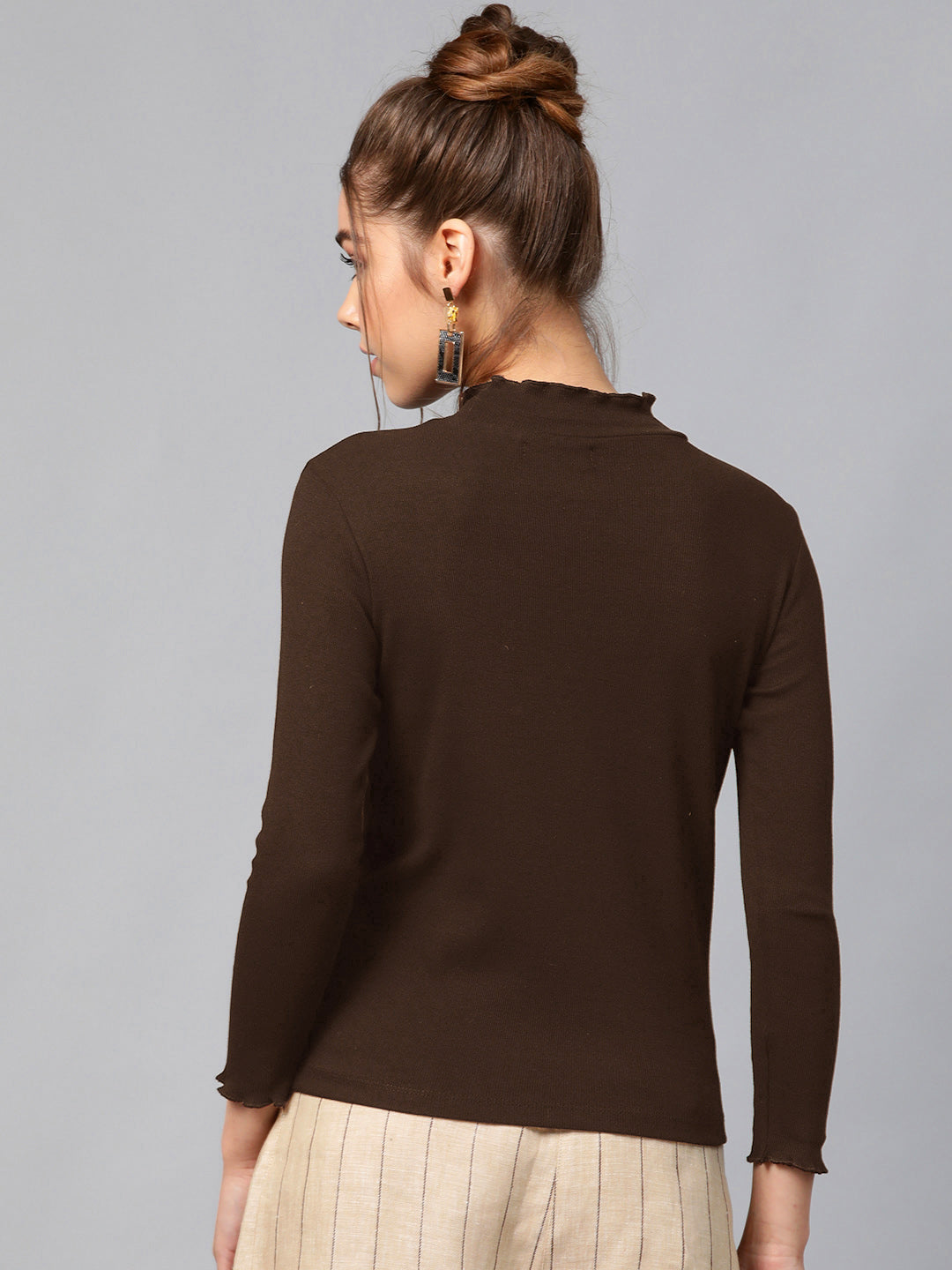 Women Dark Brown Rib High Neck Full Sleeve Top