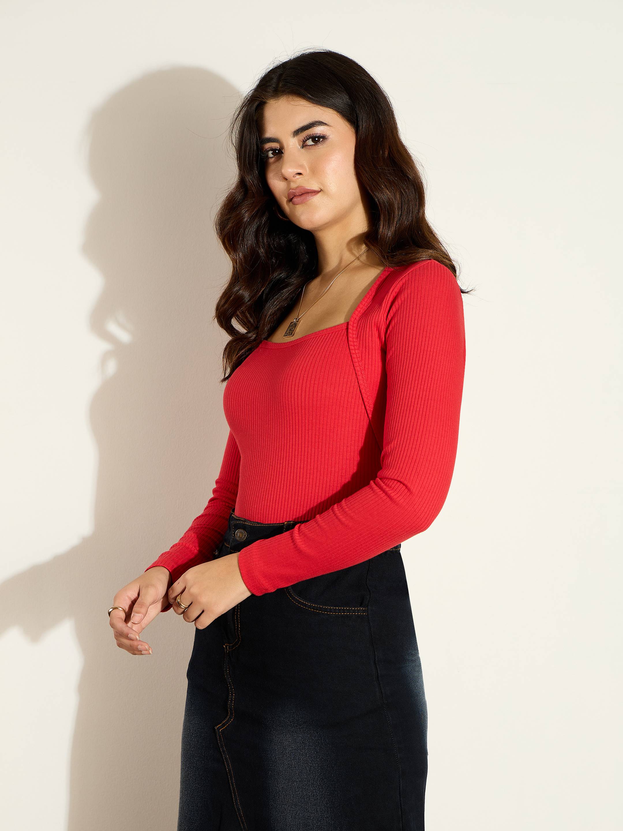 Women Red Rib Square Neck Full Sleeves Top