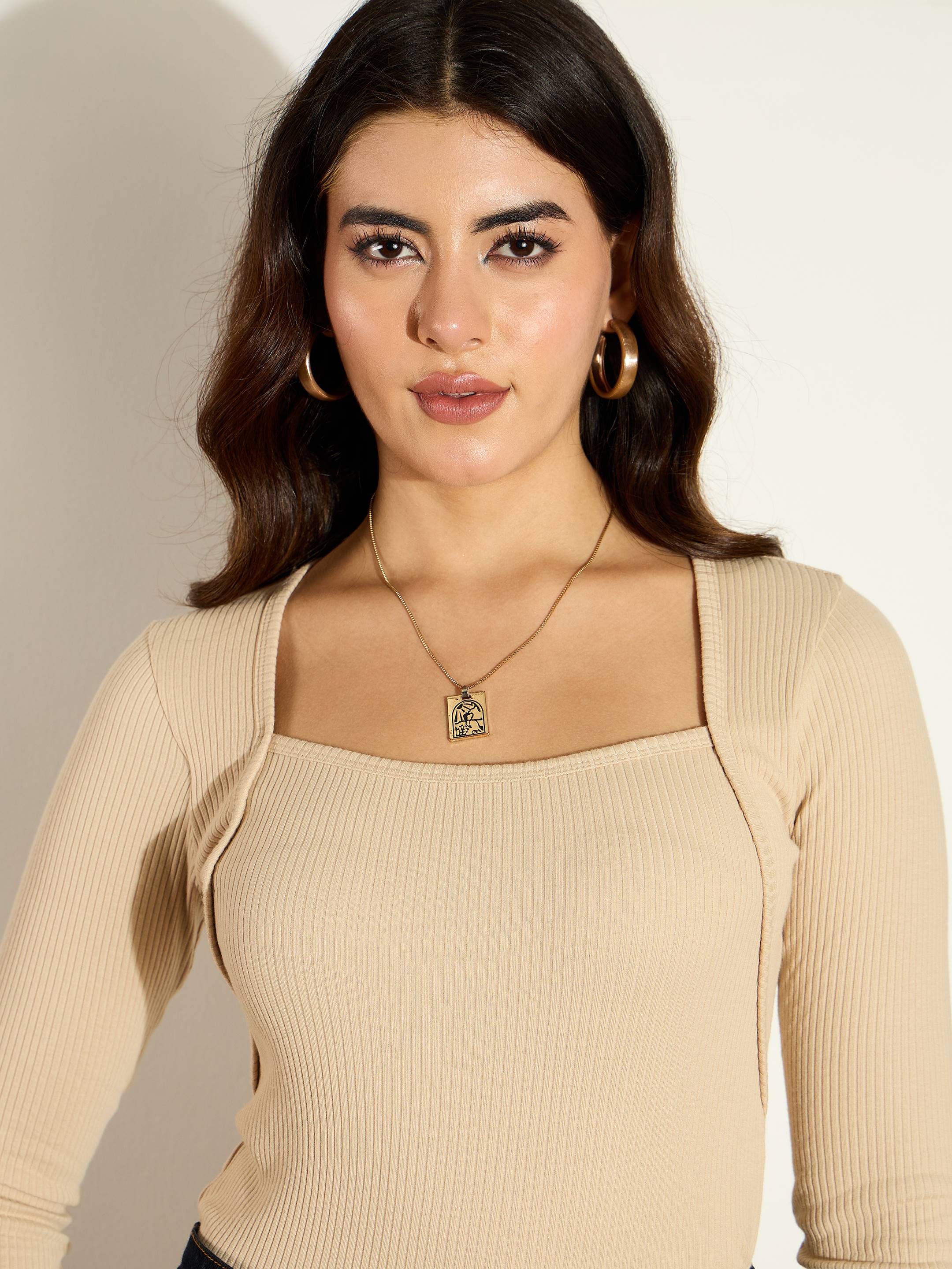 Women Beige Rib Square Neck Full Sleeves Top