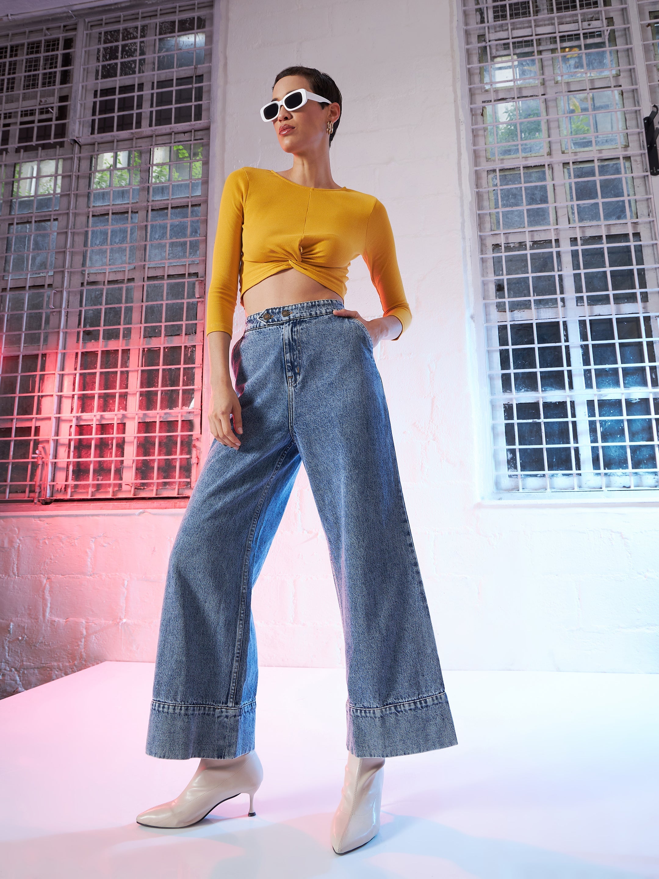 Mustard Rib Twisted Knot Crop Top