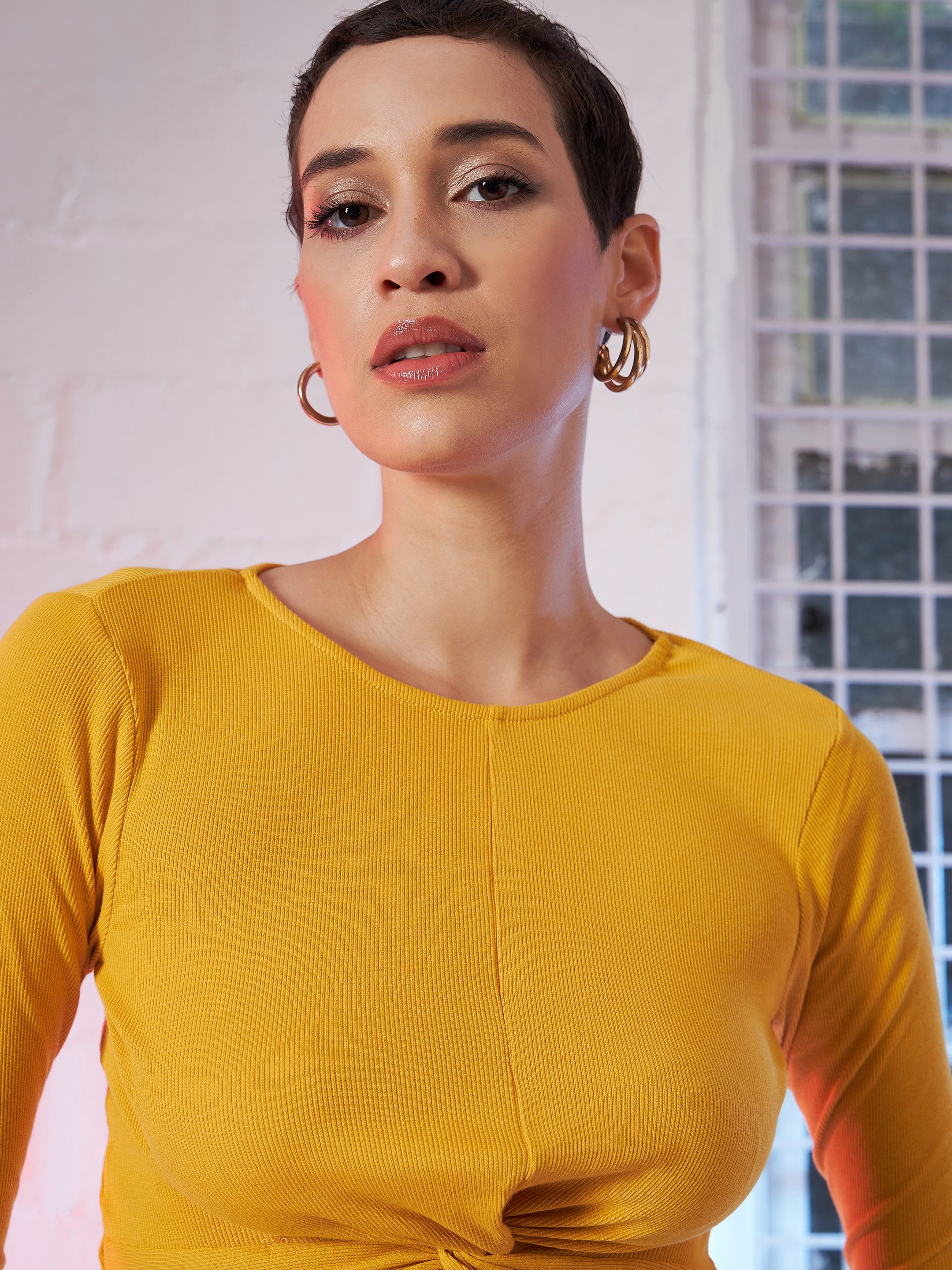 Mustard Rib Twisted Knot Crop Top