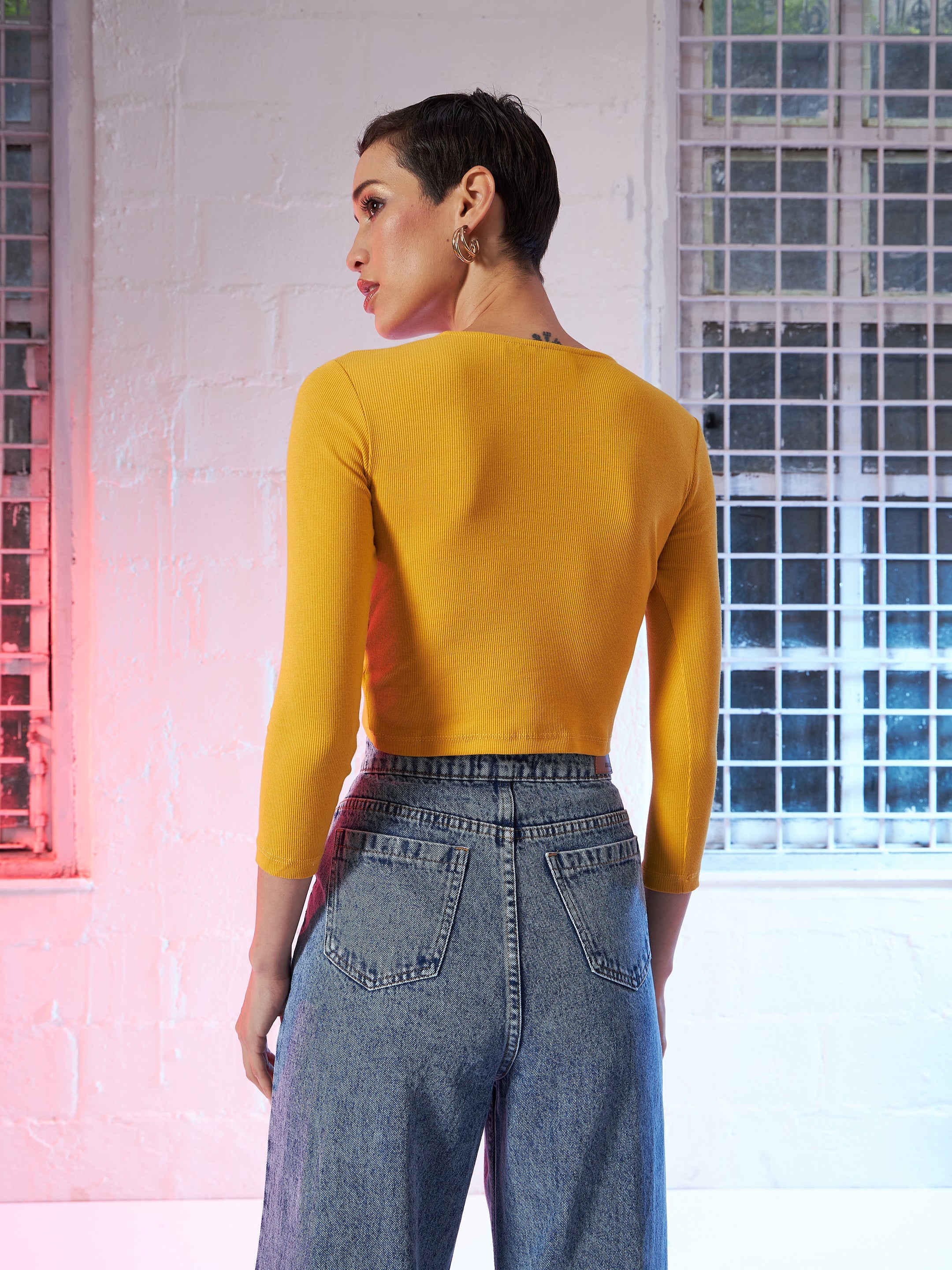 Mustard Rib Twisted Knot Crop Top