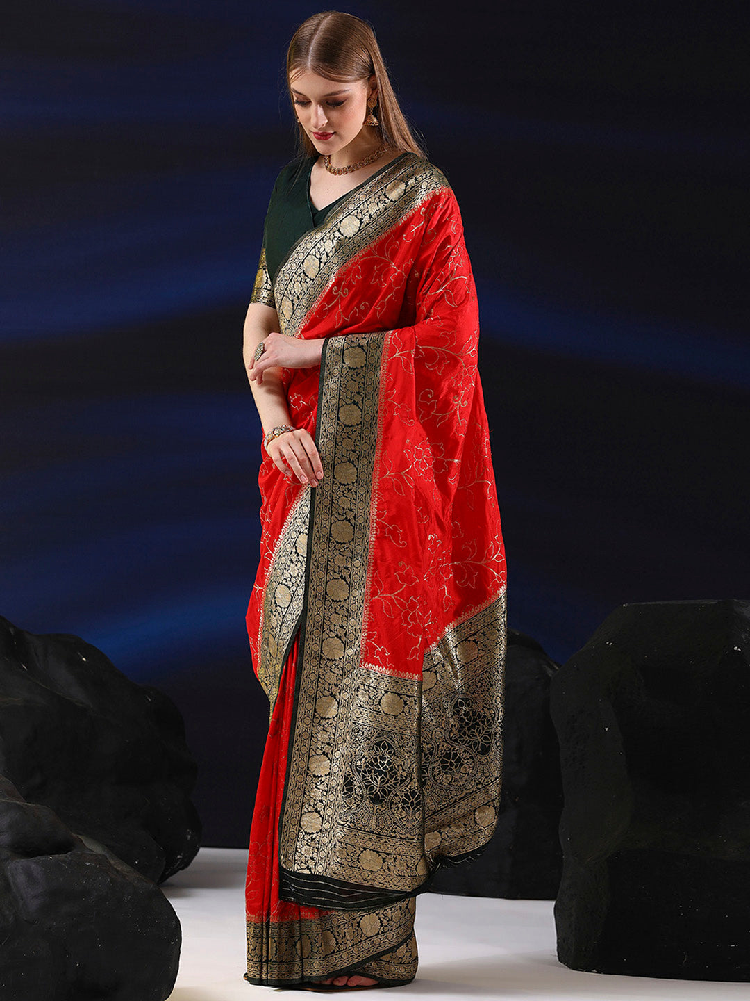 Silk Blend Red Woven Design Designer Saree With Blouse