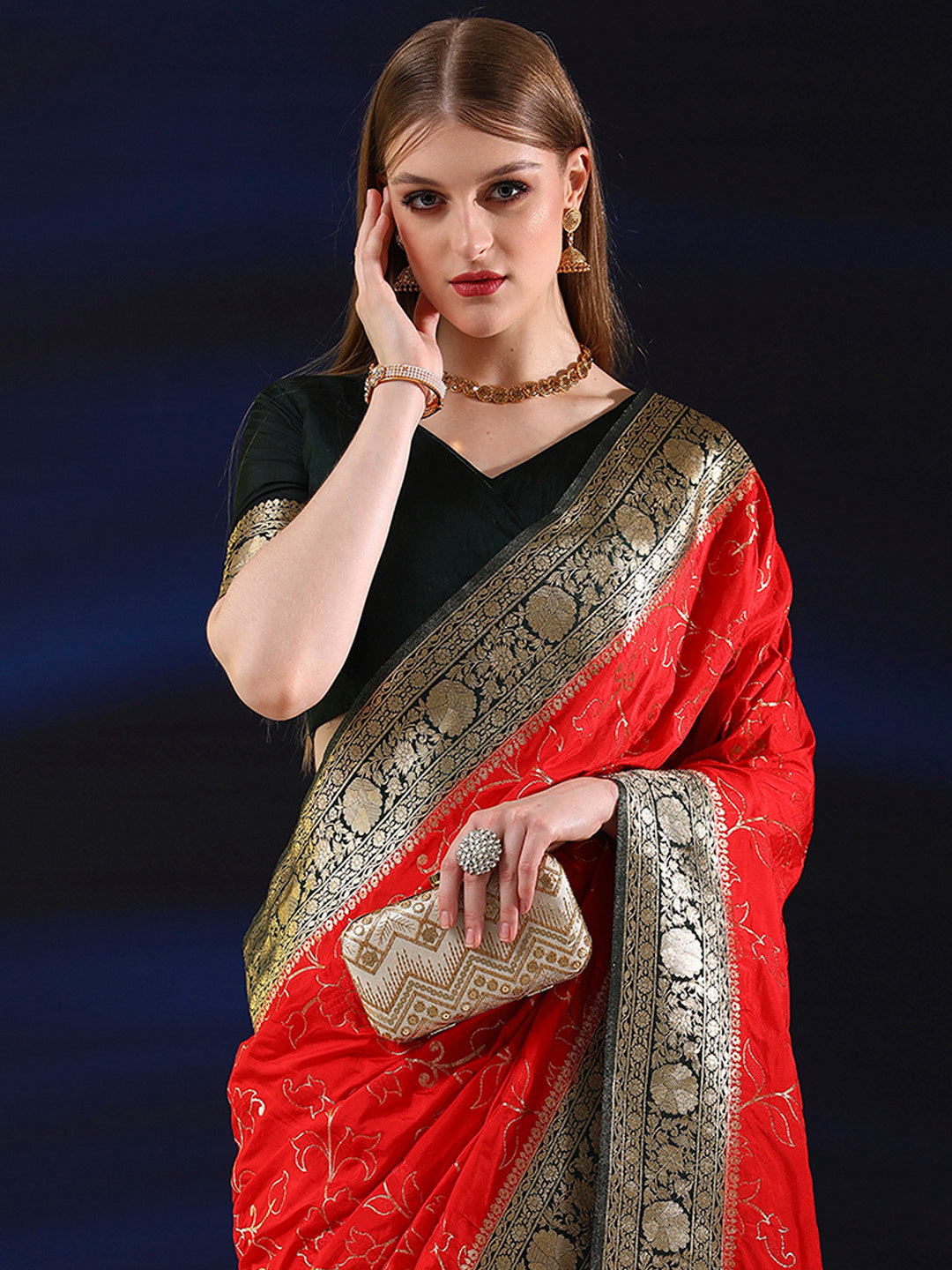 Silk Blend Red Woven Design Designer Saree With Blouse