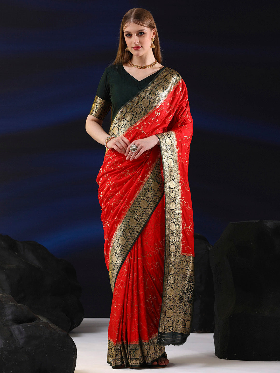 Silk Blend Red Woven Design Designer Saree With Blouse