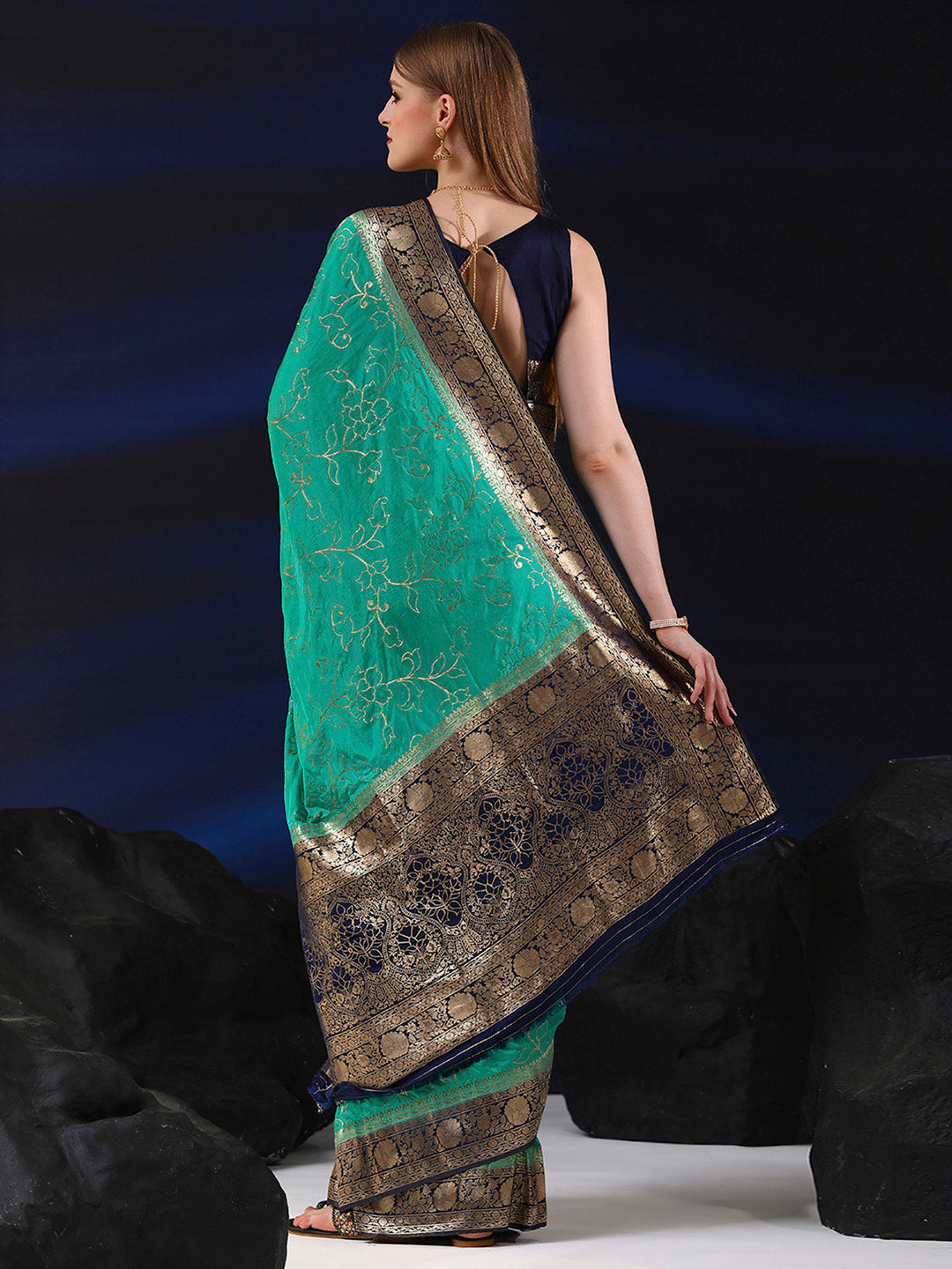 Silk Blend Teal blue Woven Design Designer Saree With Blouse