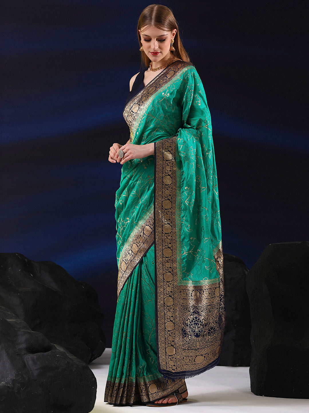 Silk Blend Teal blue Woven Design Designer Saree With Blouse