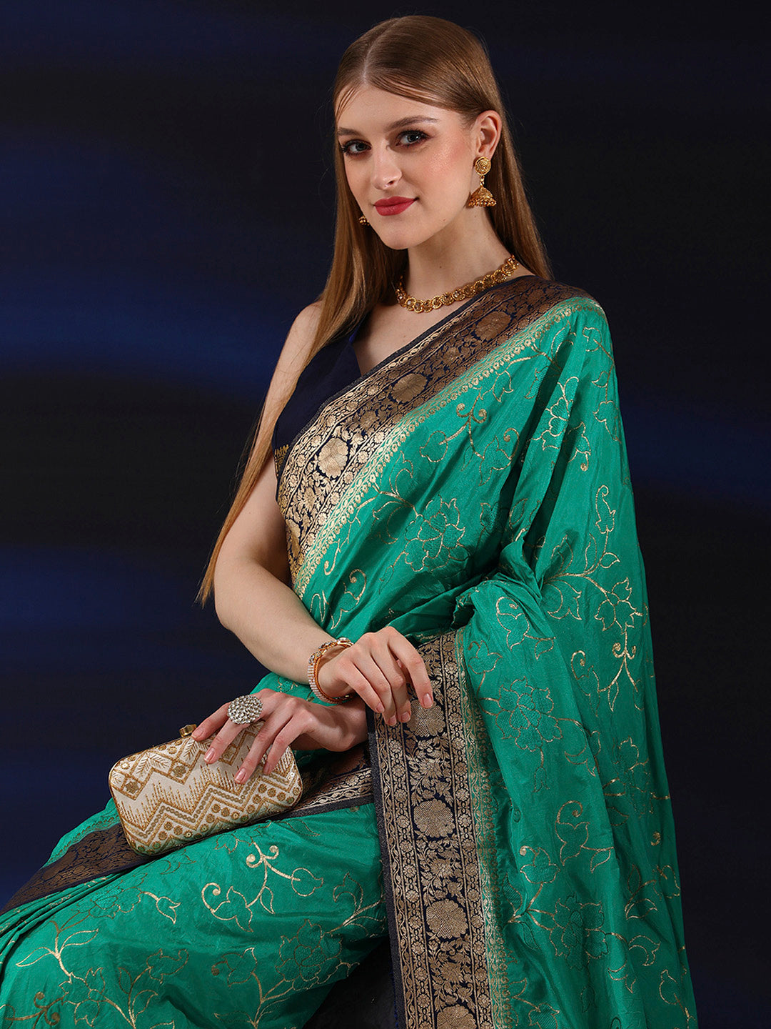 Silk Blend Teal blue Woven Design Designer Saree With Blouse