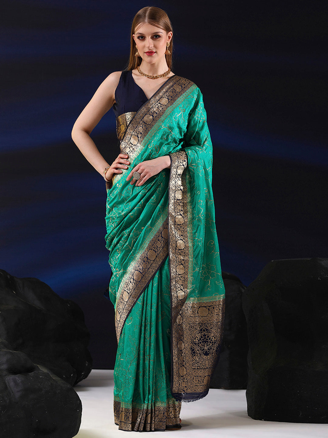 Silk Blend Teal blue Woven Design Designer Saree With Blouse