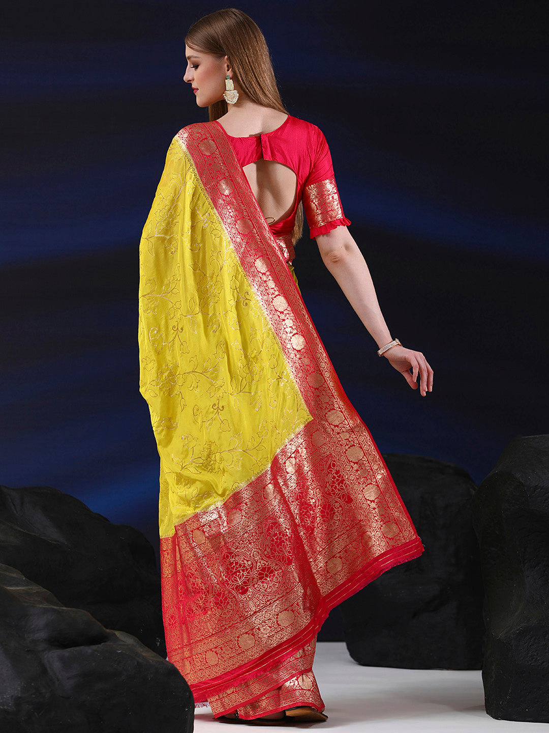 Silk Blend Lemon Yellow Woven Design Designer Saree With Blouse