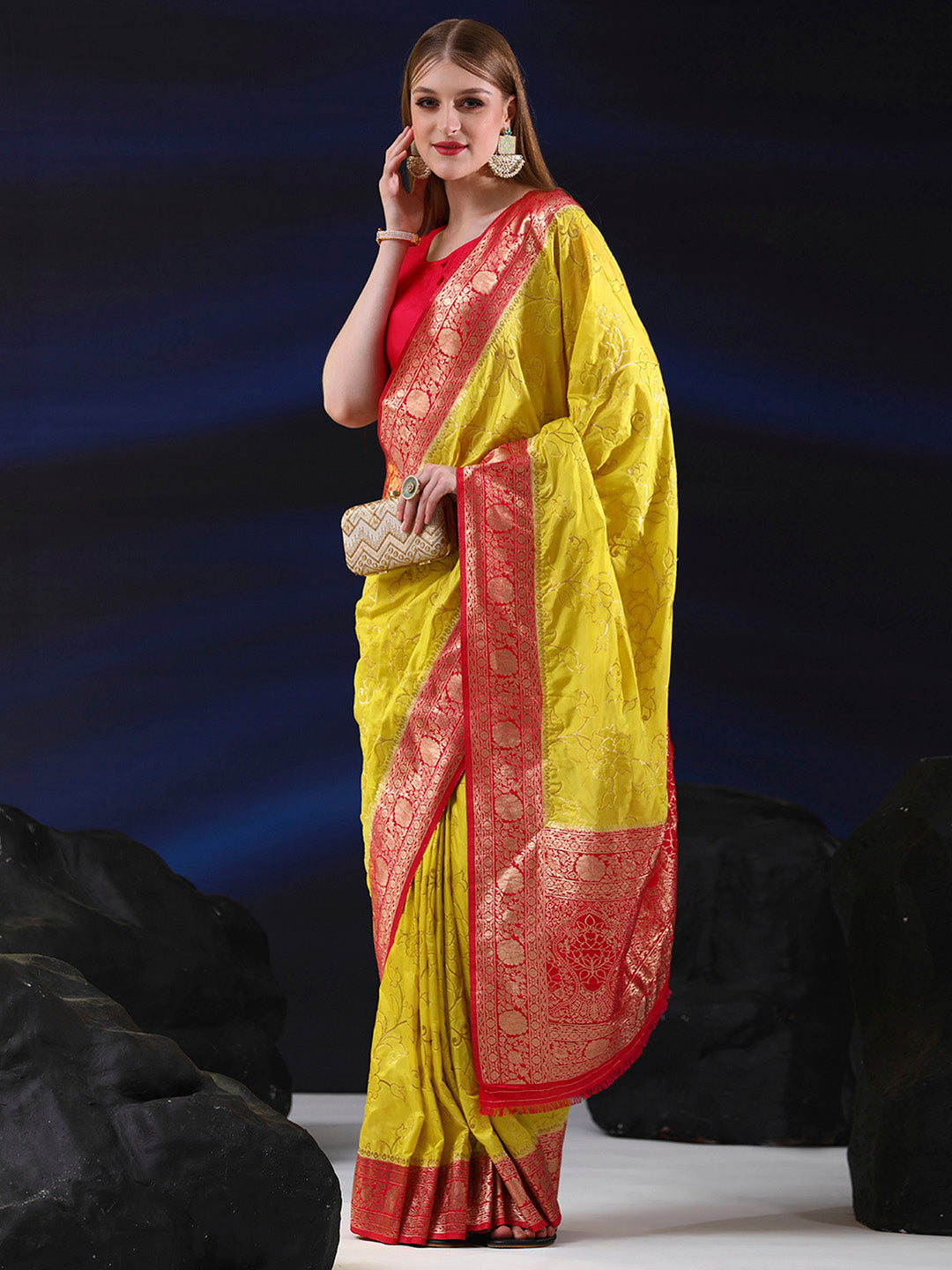 Silk Blend Lemon Yellow Woven Design Designer Saree With Blouse