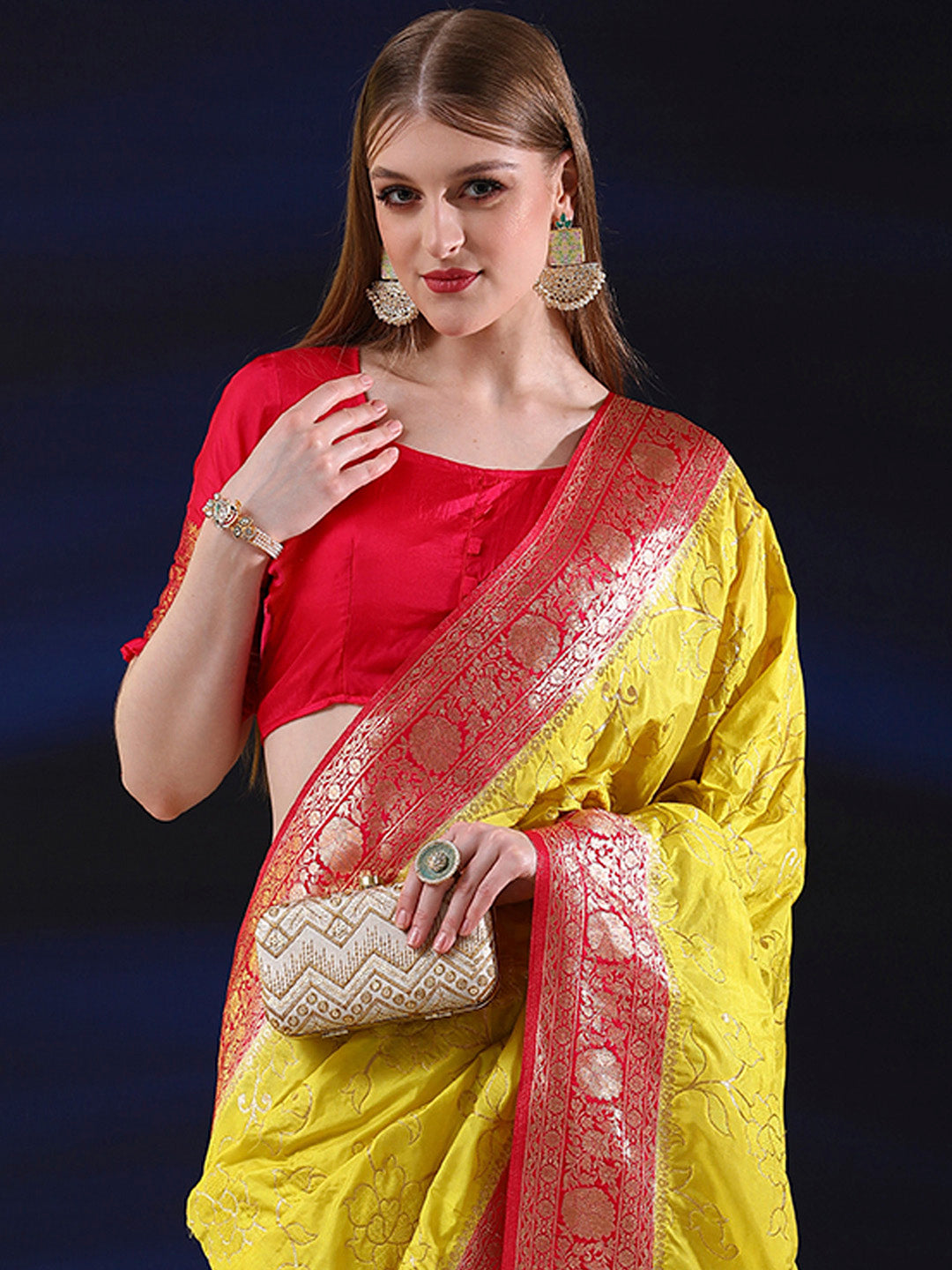 Silk Blend Lemon Yellow Woven Design Designer Saree With Blouse