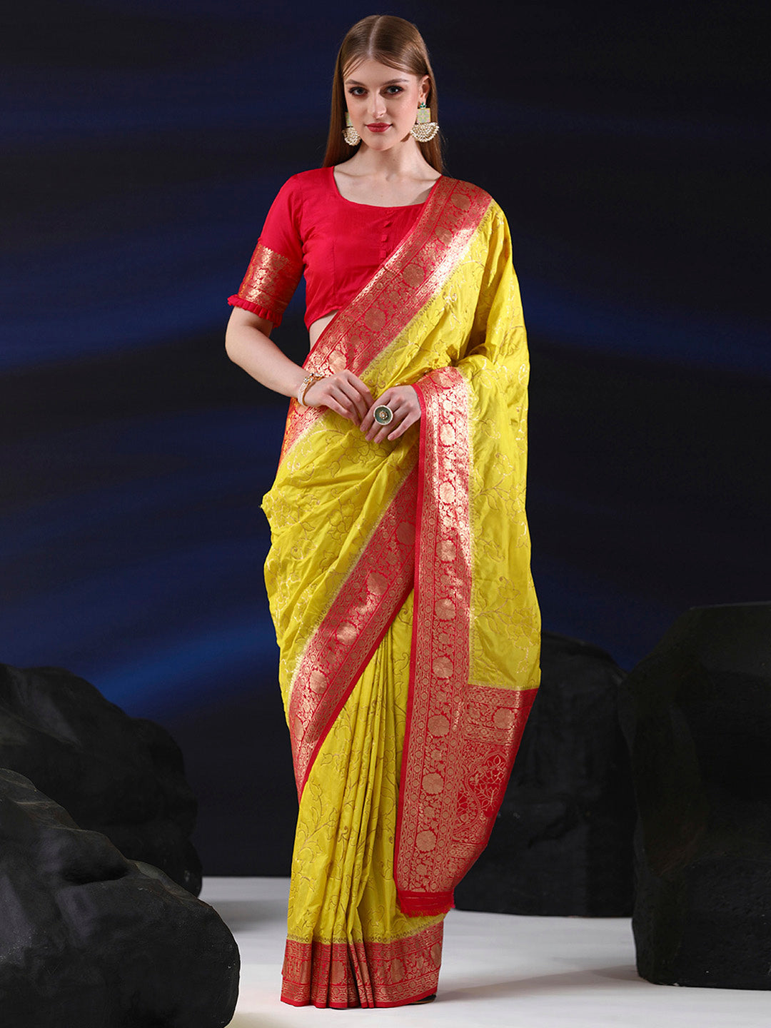 Silk Blend Lemon Yellow Woven Design Designer Saree With Blouse