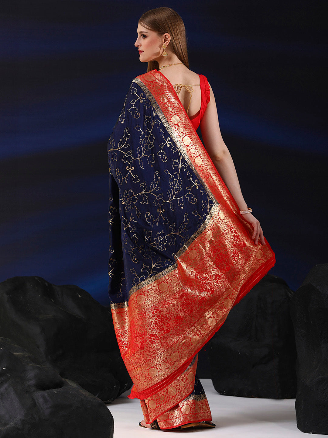 Silk Blend Navy Blue Woven Design Designer Saree With Blouse