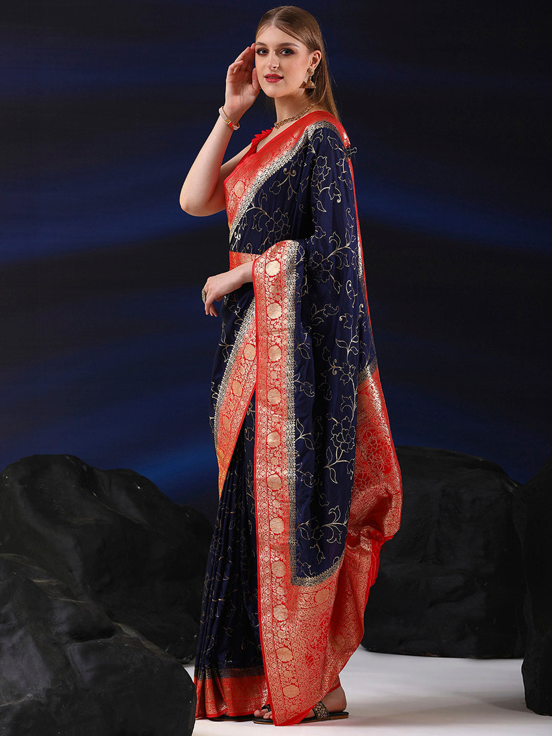 Silk Blend Navy Blue Woven Design Designer Saree With Blouse