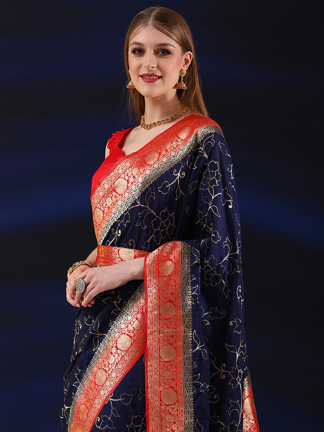 Silk Blend Navy Blue Woven Design Designer Saree With Blouse