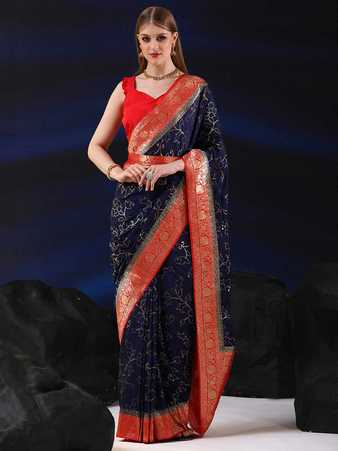 Silk Blend Navy Blue Woven Design Designer Saree With Blouse