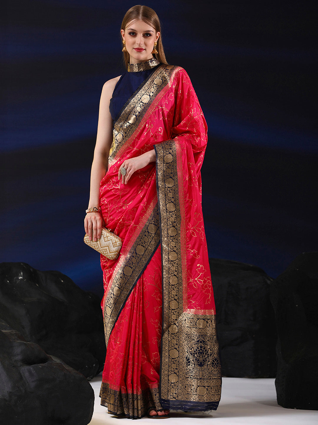 Silk Blend Pink Woven Design Designer Saree With Blouse