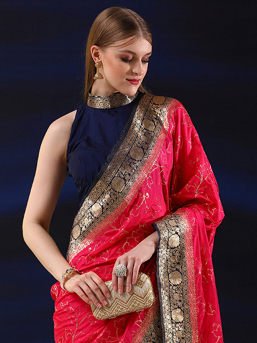 Silk Blend Pink Woven Design Designer Saree With Blouse