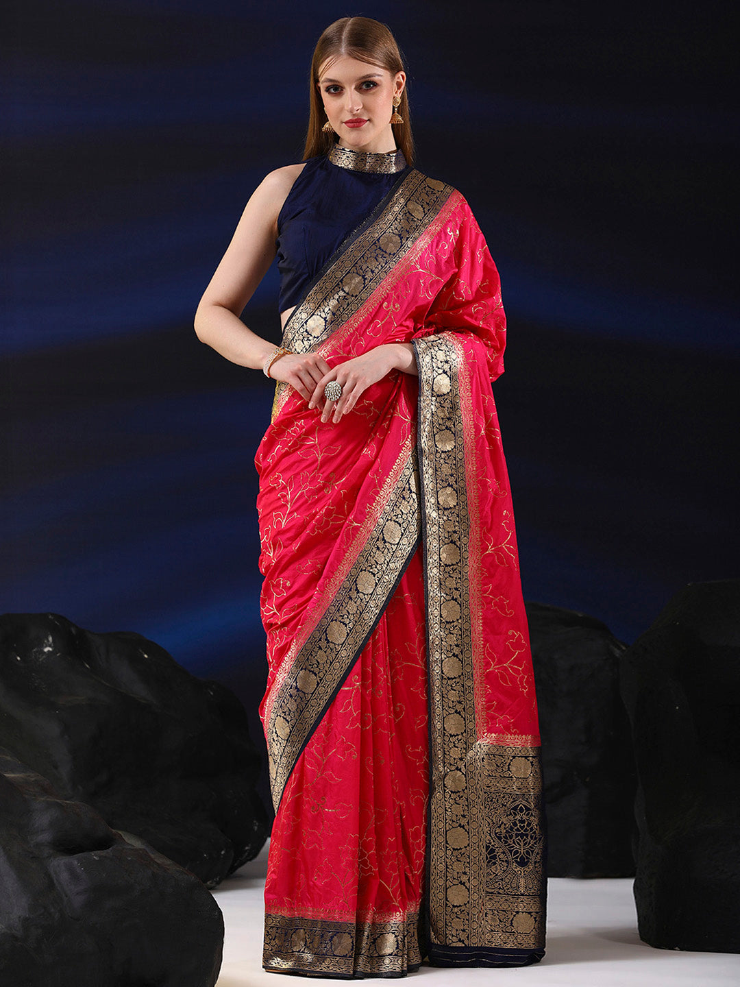 Silk Blend Pink Woven Design Designer Saree With Blouse