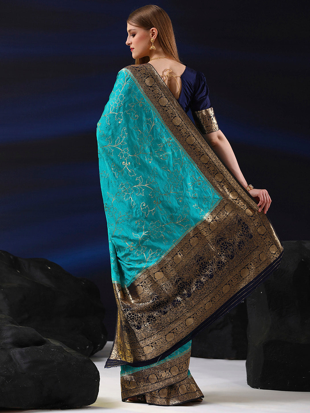 Silk Blend Light Blue Woven Design Designer Saree With Blouse