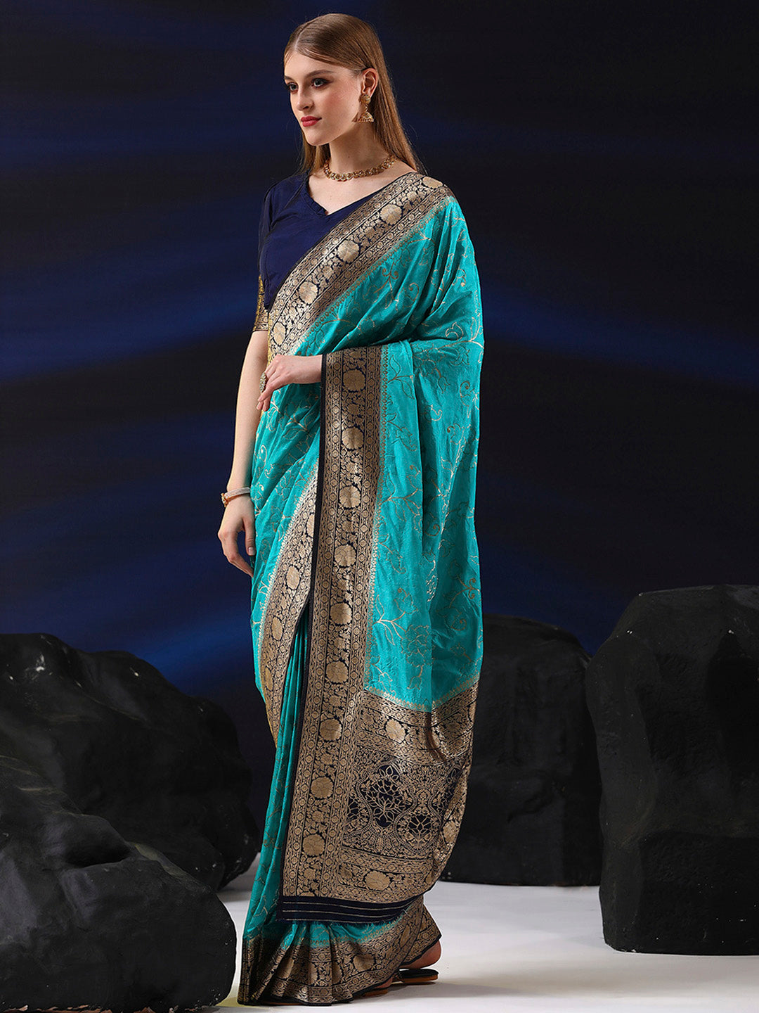 Silk Blend Light Blue Woven Design Designer Saree With Blouse