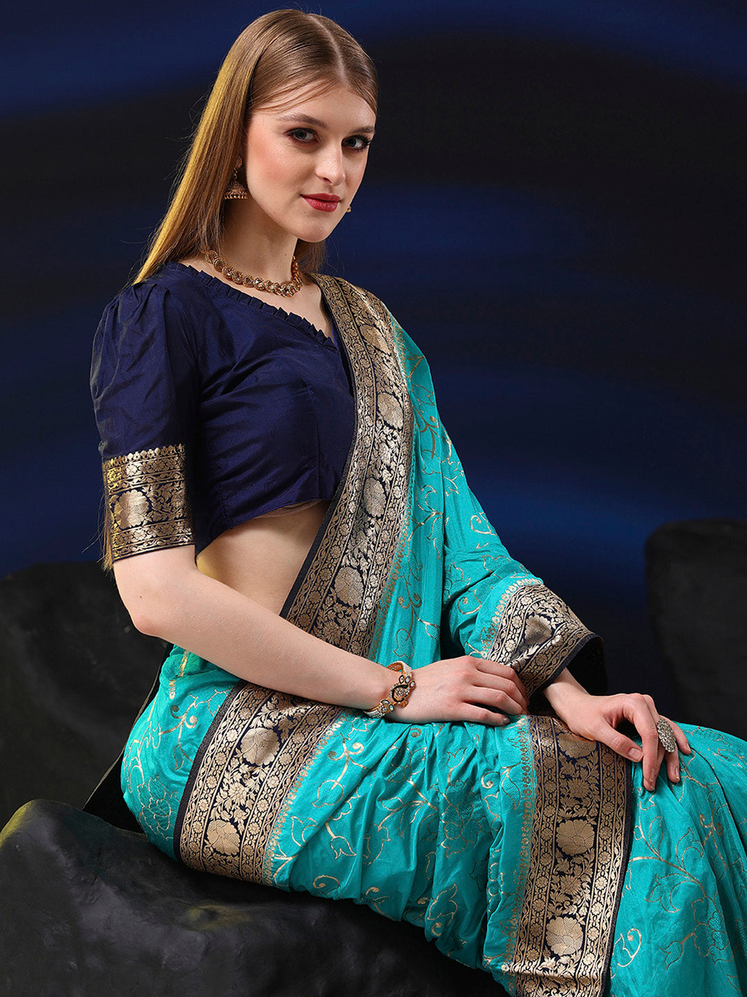 Silk Blend Light Blue Woven Design Designer Saree With Blouse