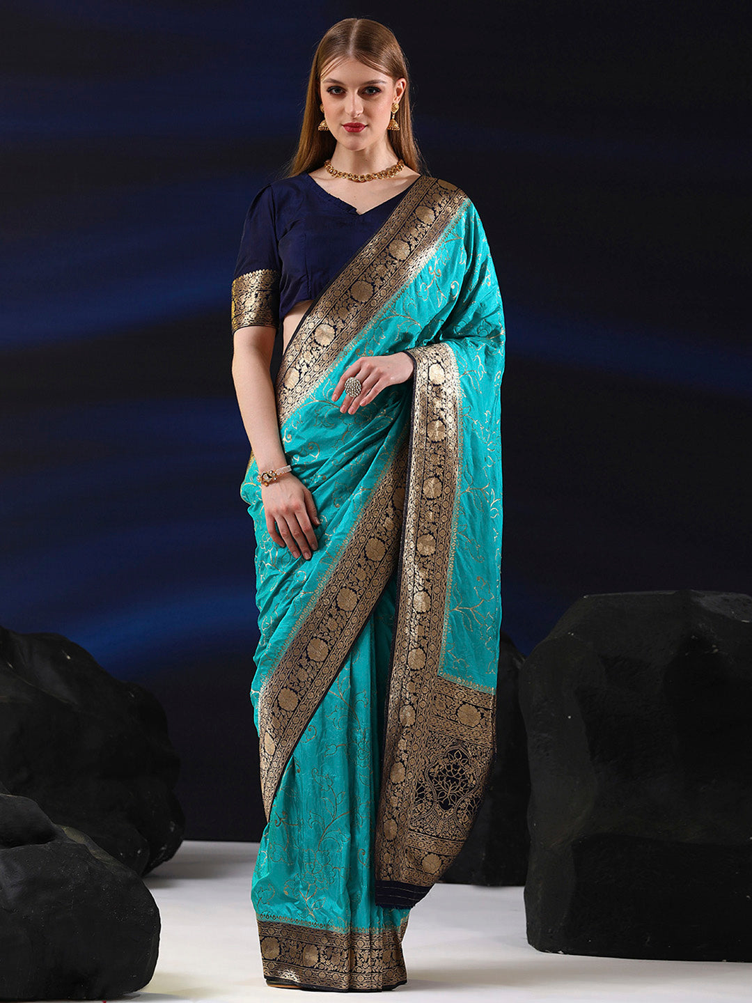 Silk Blend Light Blue Woven Design Designer Saree With Blouse