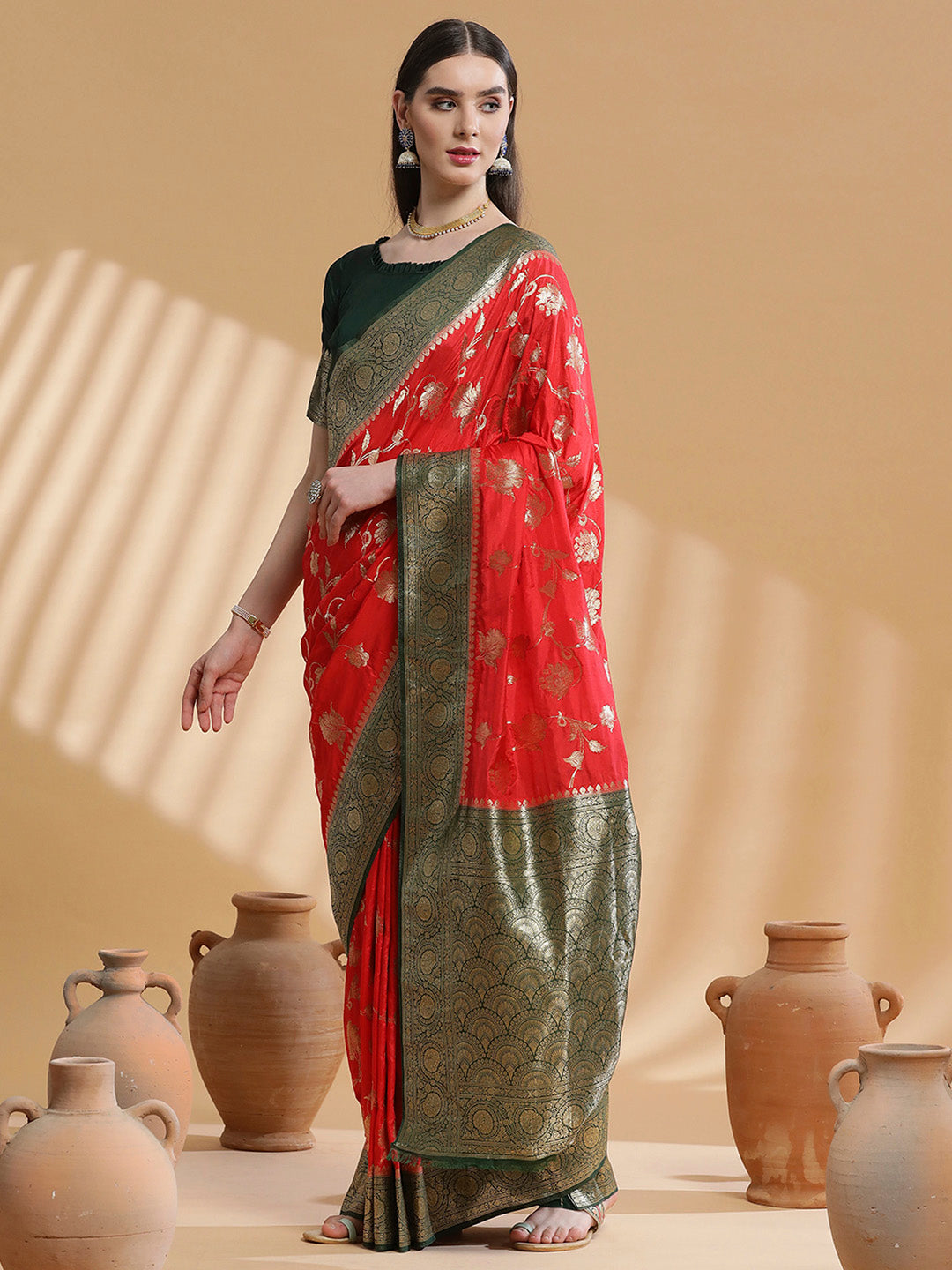 Silk Blend Red Woven Design Designer Saree With Blouse