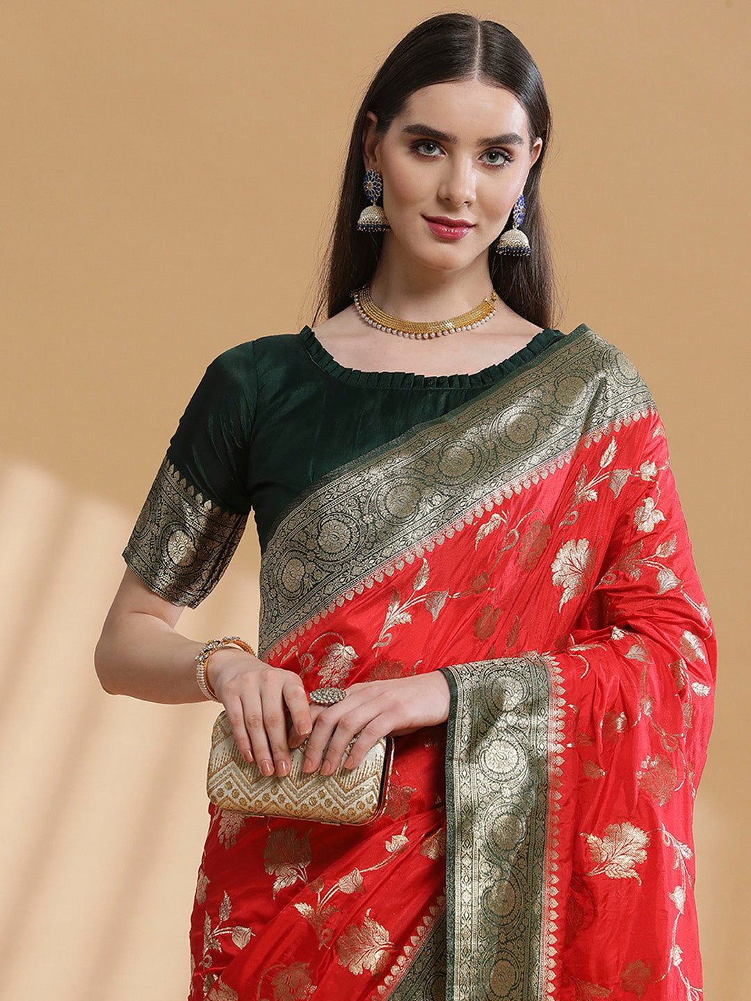 Silk Blend Red Woven Design Designer Saree With Blouse