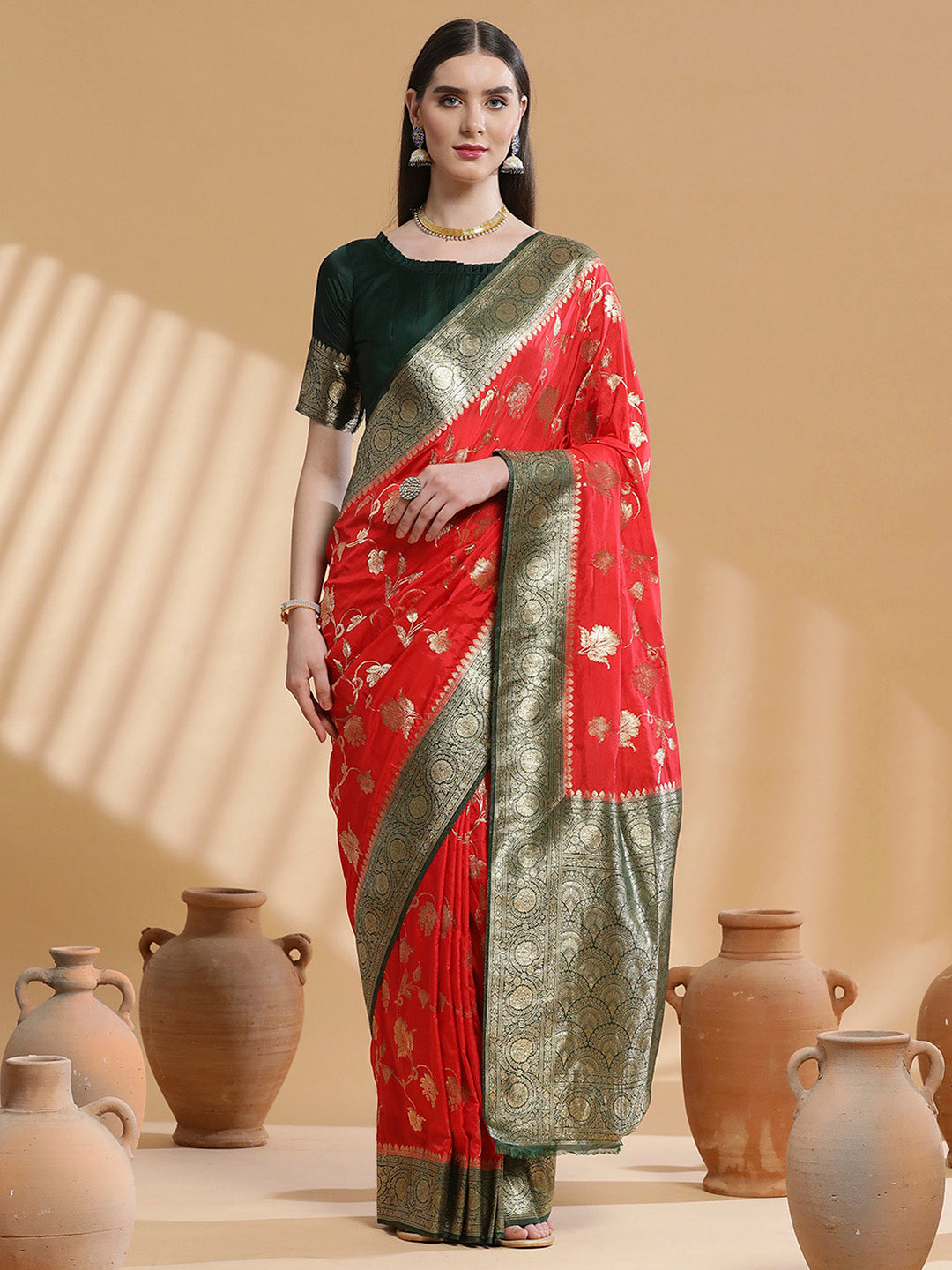 Silk Blend Red Woven Design Designer Saree With Blouse