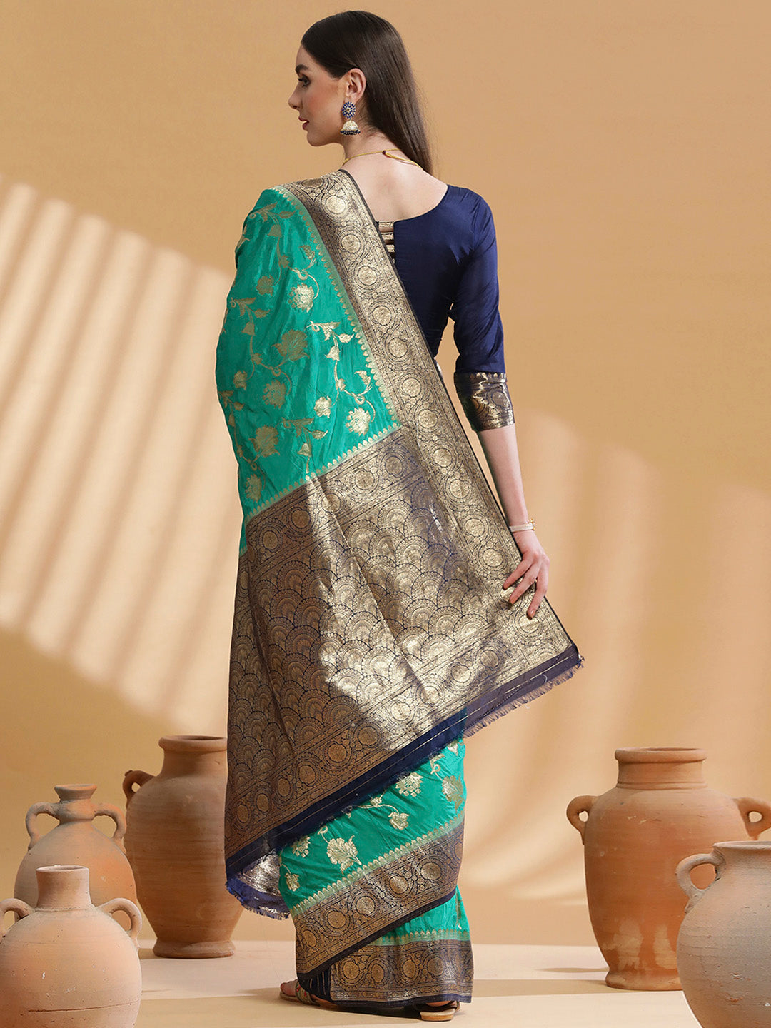 Silk Blend Teal blue Woven Design Designer Saree With Blouse