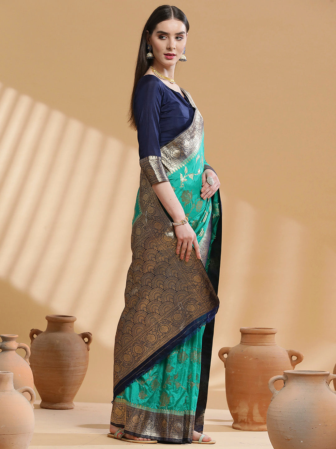 Silk Blend Teal blue Woven Design Designer Saree With Blouse