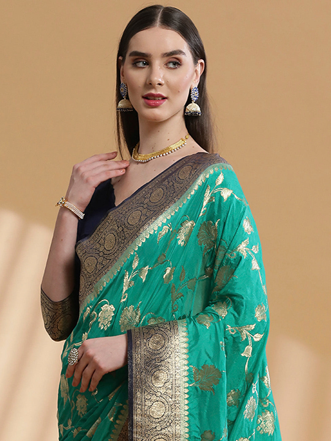 Silk Blend Teal blue Woven Design Designer Saree With Blouse