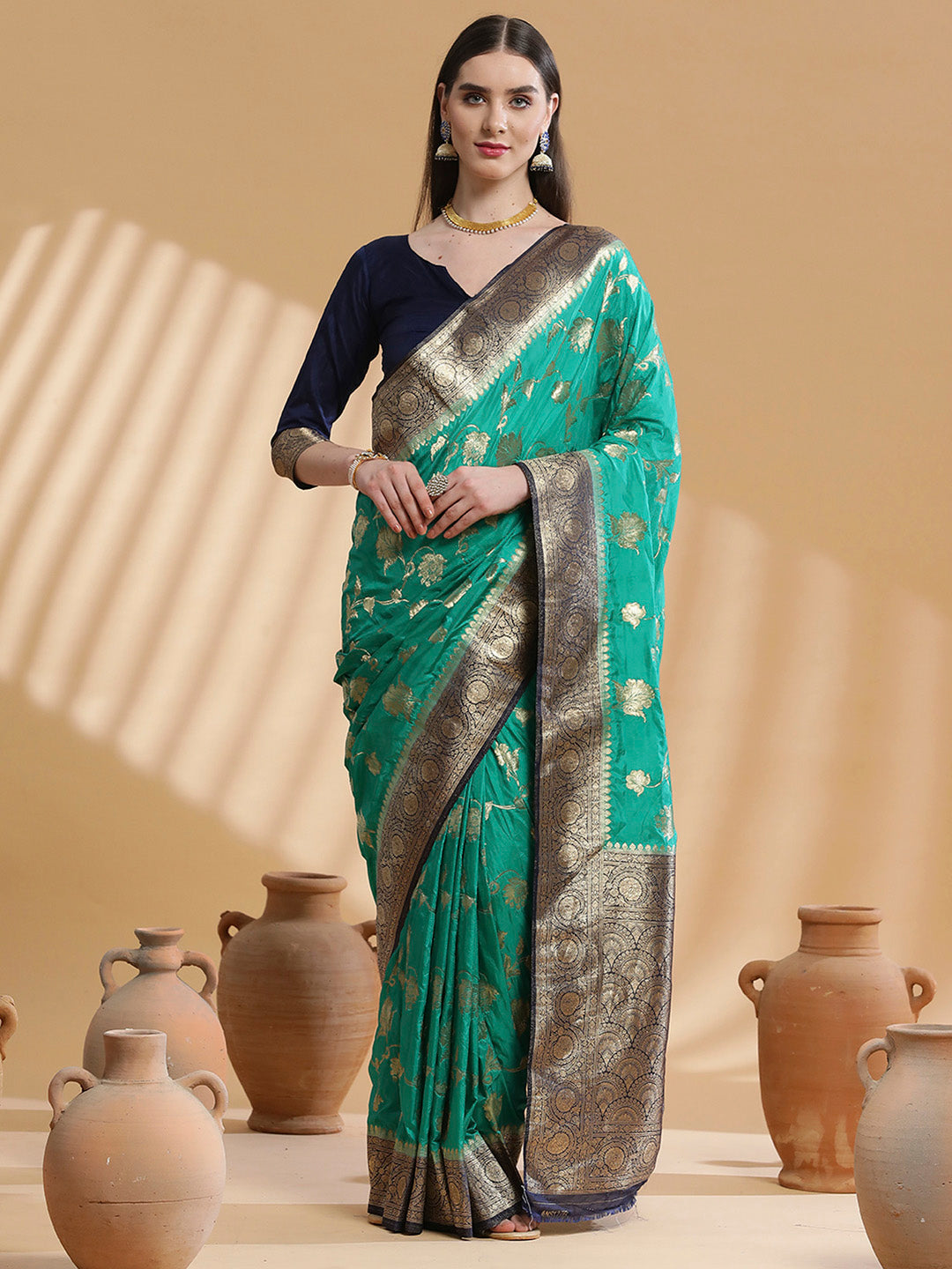 Silk Blend Teal blue Woven Design Designer Saree With Blouse