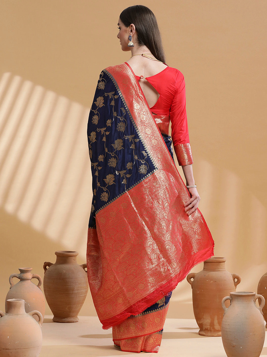 Silk Blend Navy Blue Woven Design Designer Saree With Blouse