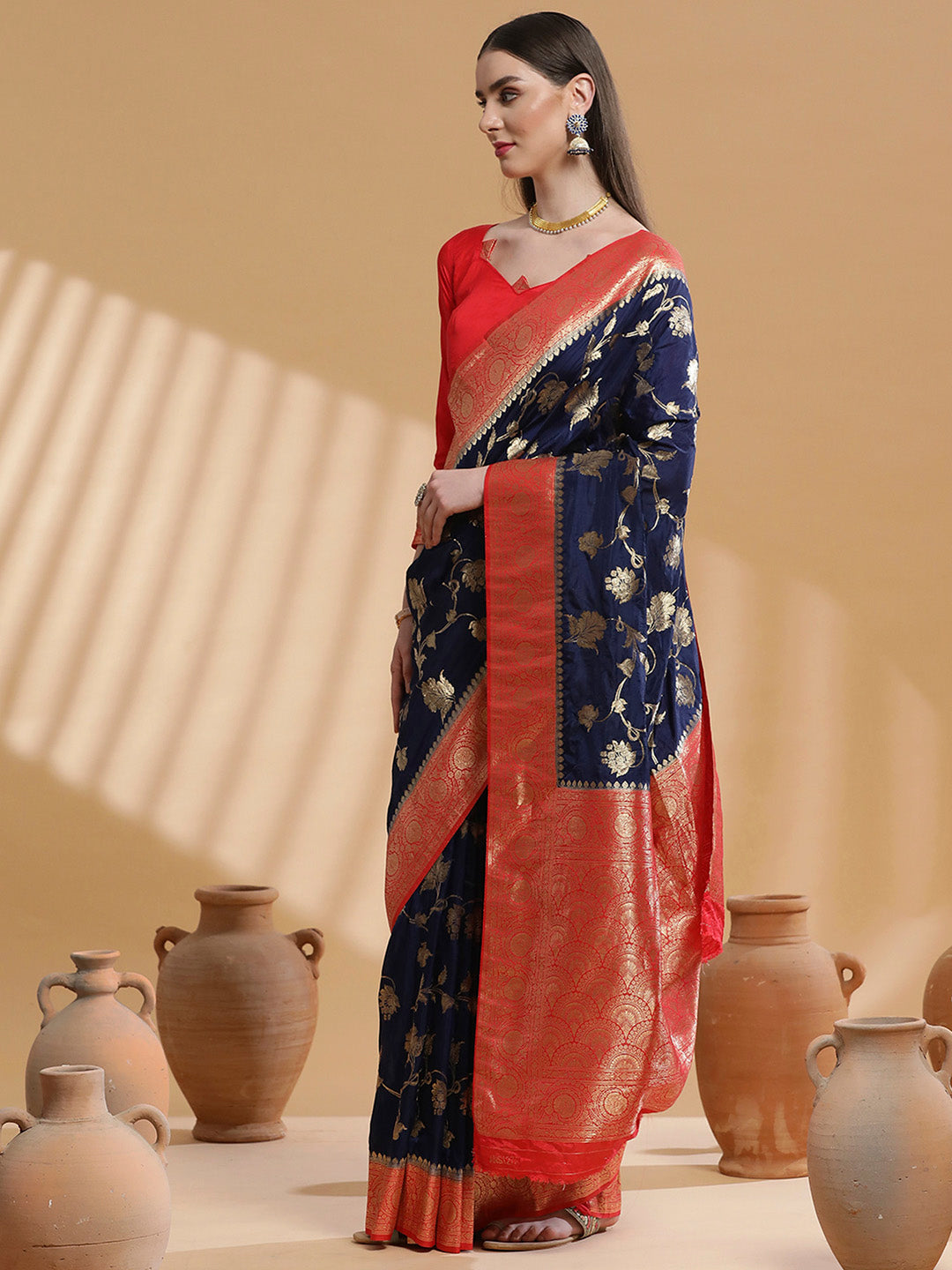 Silk Blend Navy Blue Woven Design Designer Saree With Blouse